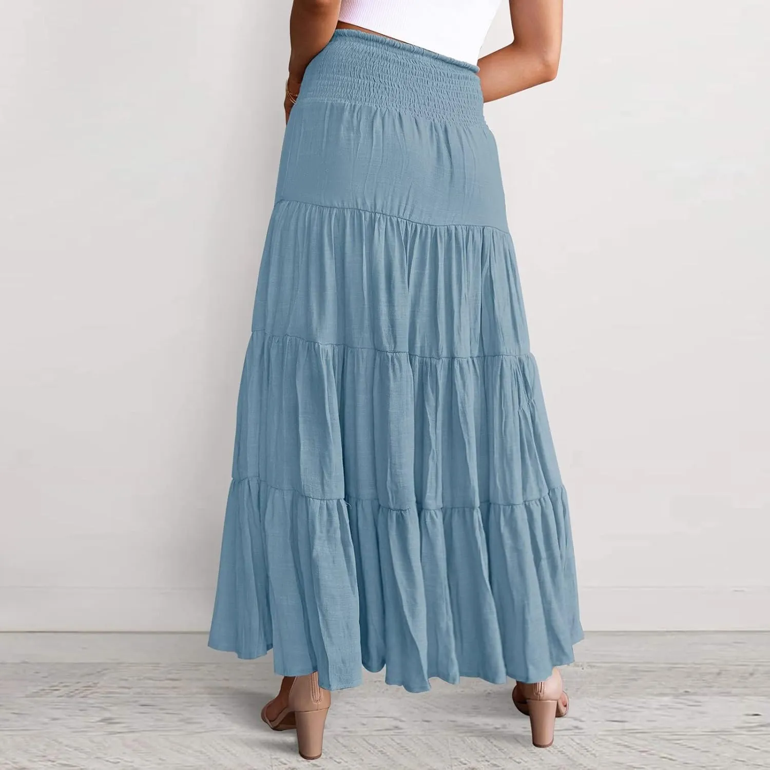 Long Pleated Skirts for Women A Line Summer High Waist Maxi Skirts Tiered Bohemian Flowy Drawstring Casual Skirts