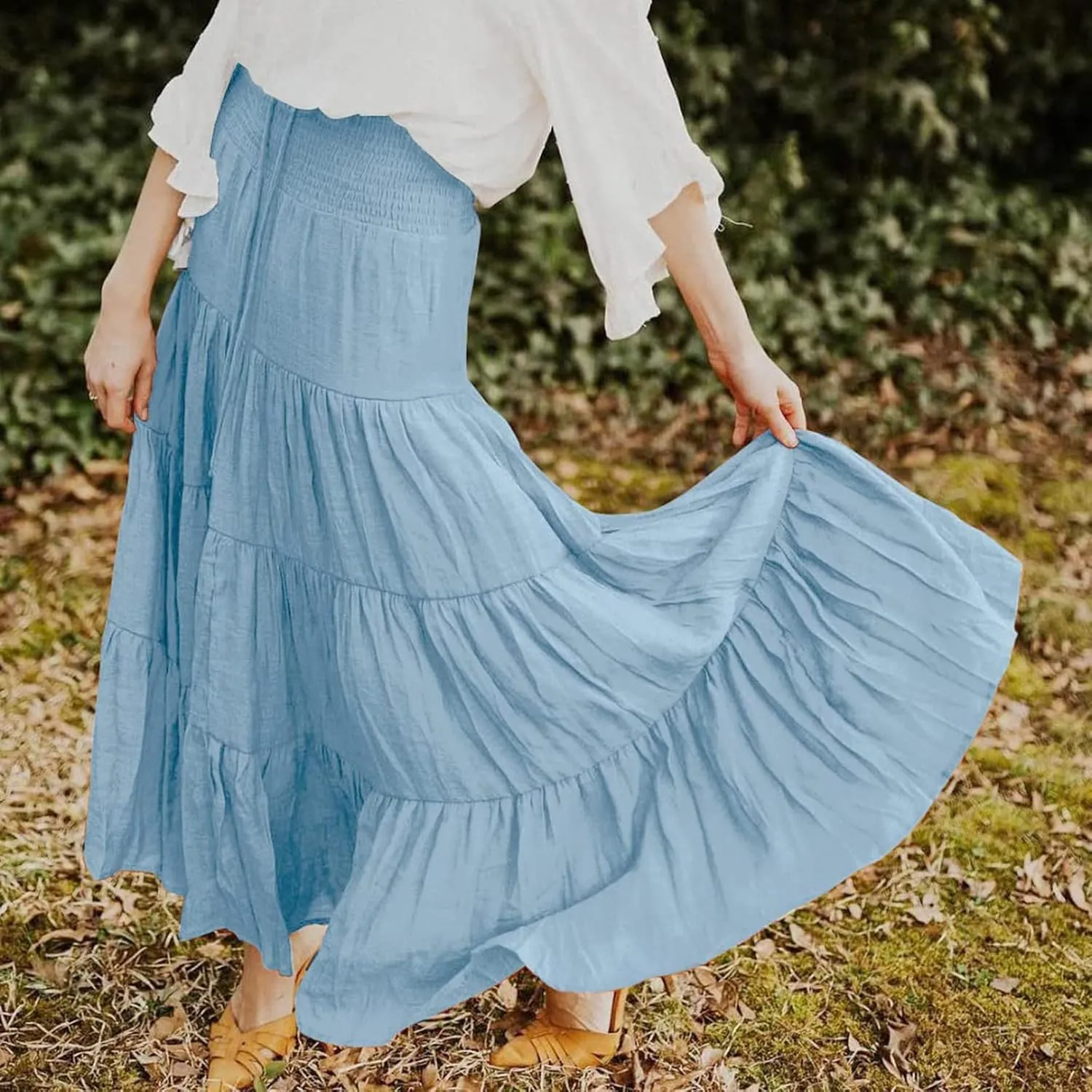 Long Pleated Skirts for Women A Line Summer High Waist Maxi Skirts Tiered Bohemian Flowy Drawstring Casual Skirts