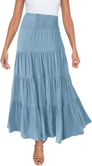 Long Pleated Skirts for Women A Line Summer High Waist Maxi Skirts Tiered Bohemian Flowy Drawstring Casual Skirts