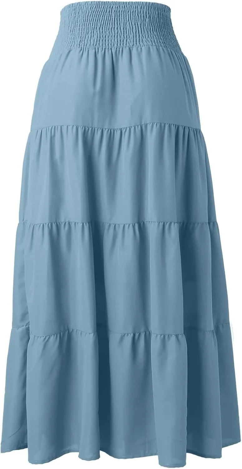Long Pleated Skirts for Women A Line Summer High Waist Maxi Skirts Tiered Bohemian Flowy Drawstring Casual Skirts