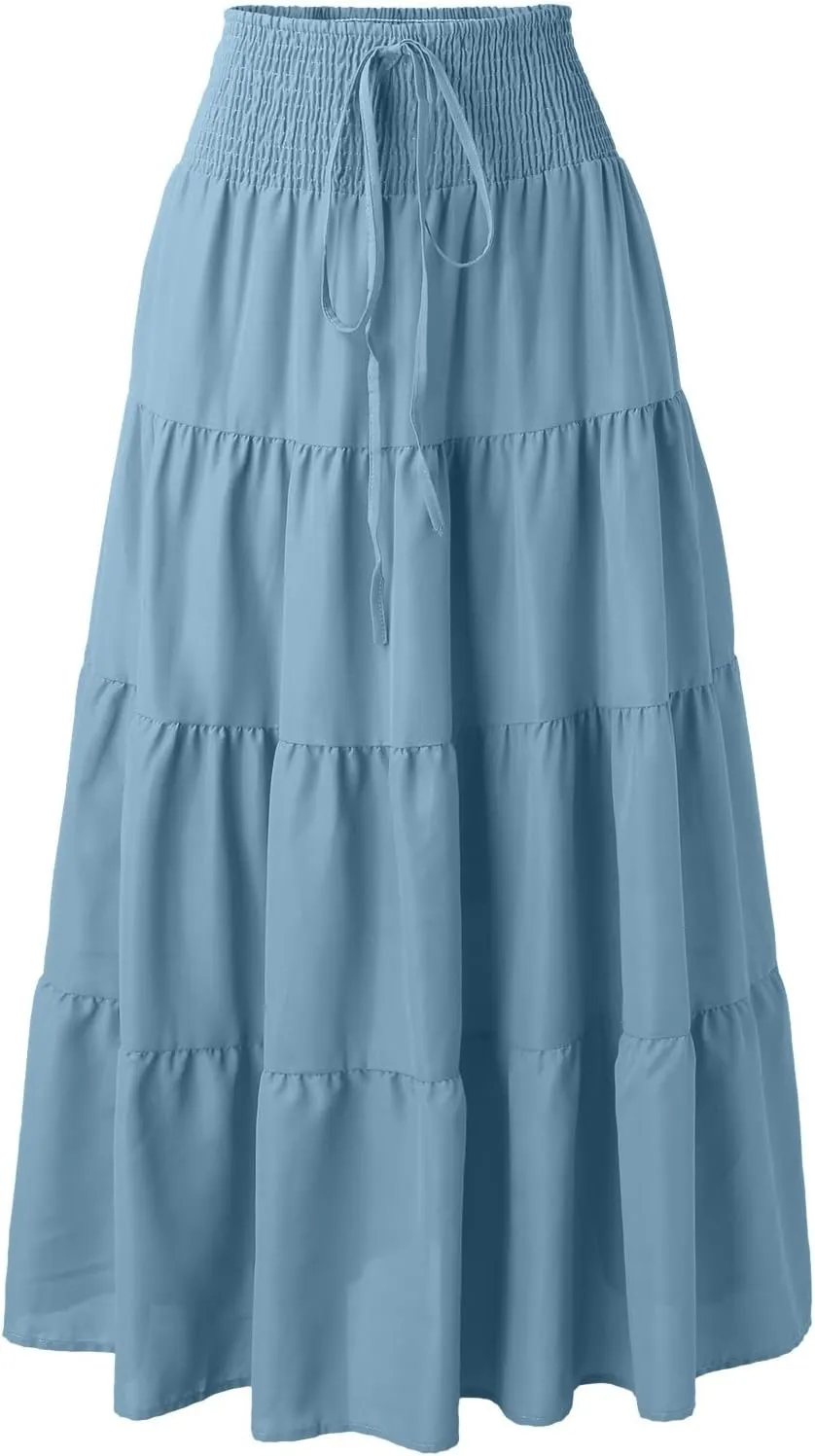Long Pleated Skirts for Women A Line Summer High Waist Maxi Skirts Tiered Bohemian Flowy Drawstring Casual Skirts