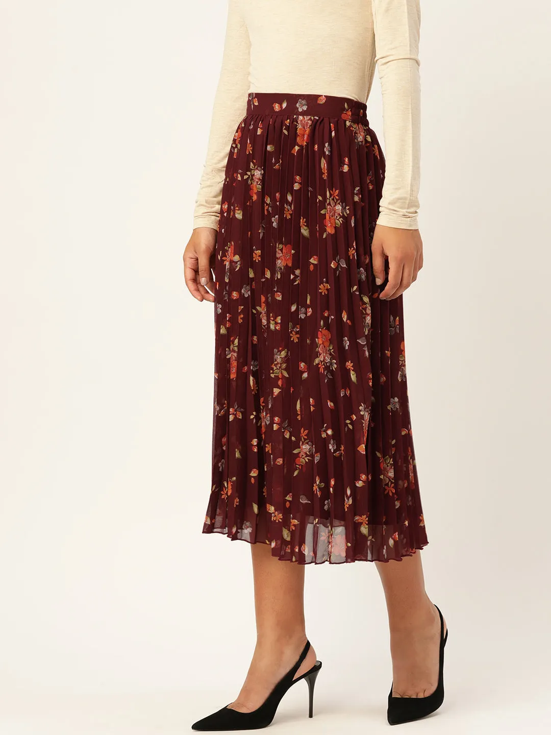 Maroon Floral Printed Accordion Pleated Midi Skirt