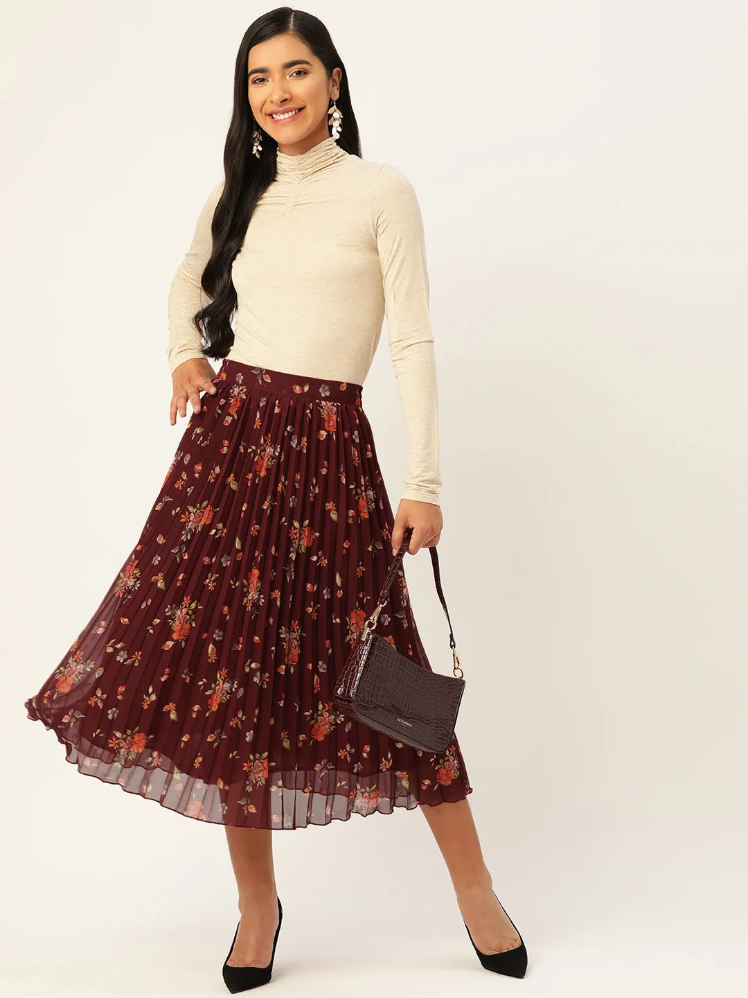 Maroon Floral Printed Accordion Pleated Midi Skirt