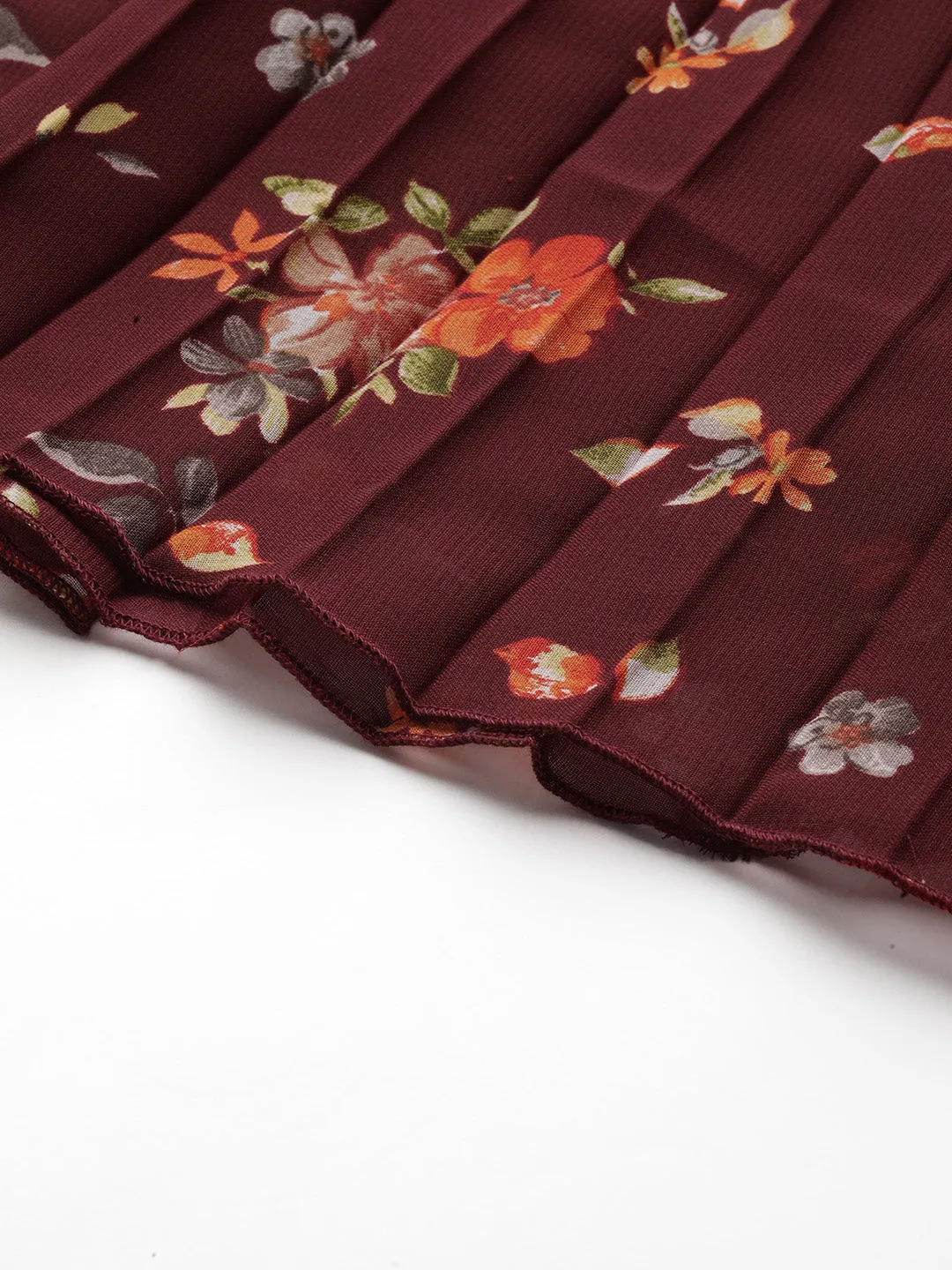 Maroon Floral Printed Accordion Pleated Midi Skirt