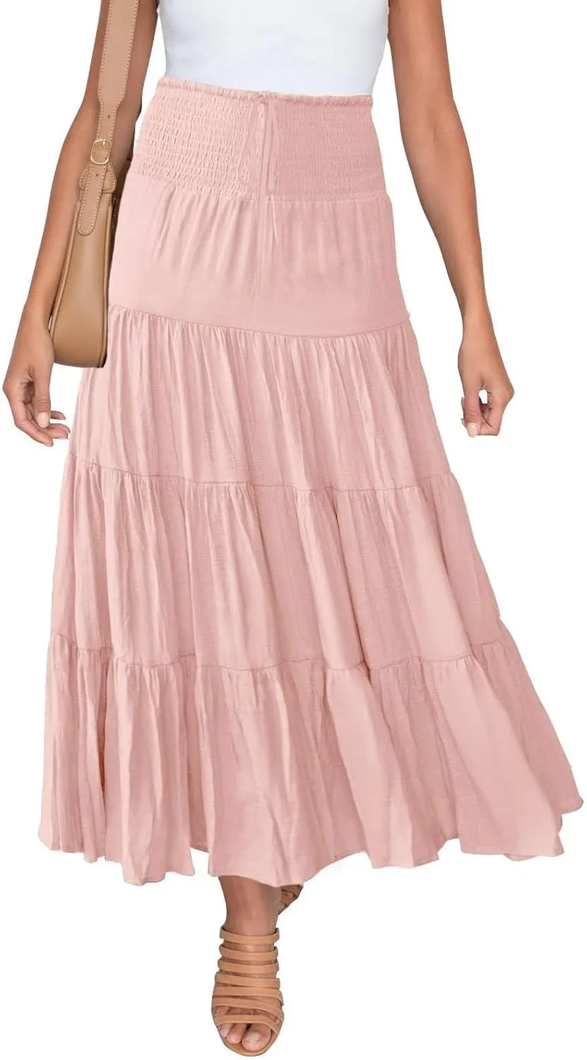 Midi Skirts Womens Boho Elastic High Waist Pleated A-Line Flowy Swing Asymmetric Tiered Maxi Long Skirt Dress