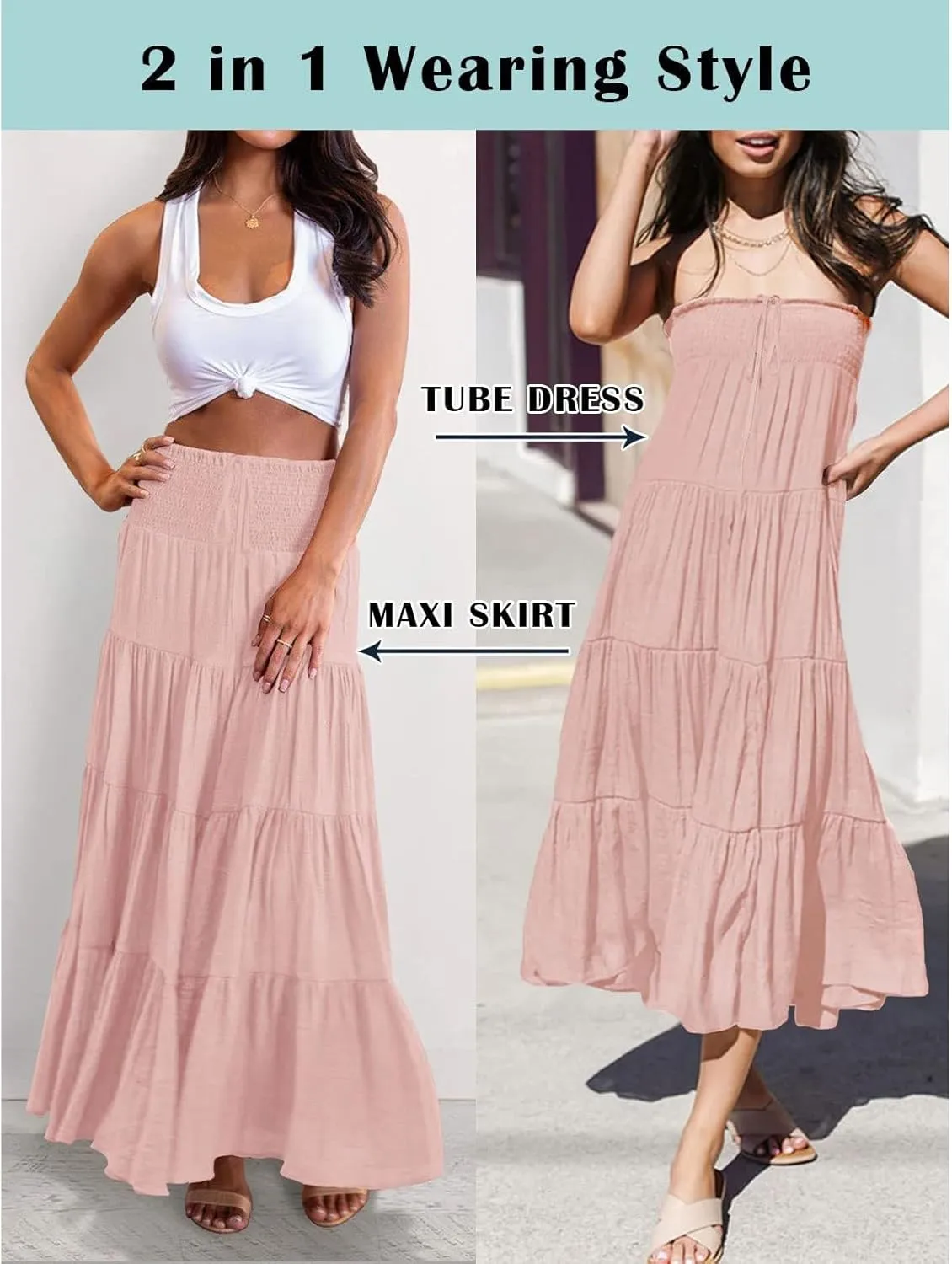 Midi Skirts Womens Boho Elastic High Waist Pleated A-Line Flowy Swing Asymmetric Tiered Maxi Long Skirt Dress