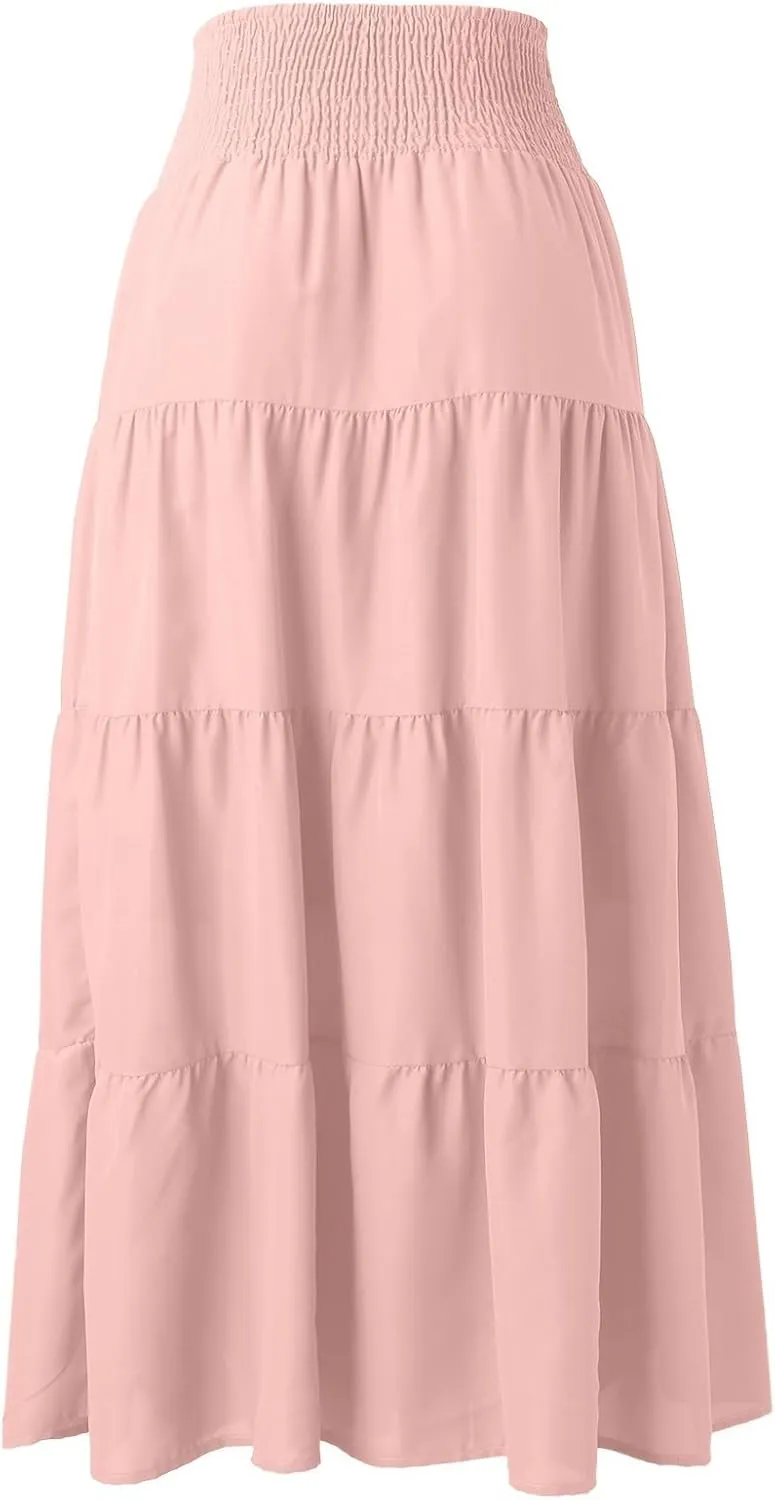 Midi Skirts Womens Boho Elastic High Waist Pleated A-Line Flowy Swing Asymmetric Tiered Maxi Long Skirt Dress
