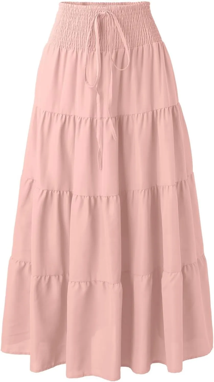 Midi Skirts Womens Boho Elastic High Waist Pleated A-Line Flowy Swing Asymmetric Tiered Maxi Long Skirt Dress