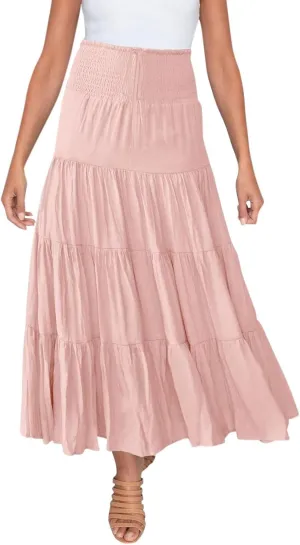 Midi Skirts Womens Boho Elastic High Waist Pleated A-Line Flowy Swing Asymmetric Tiered Maxi Long Skirt Dress