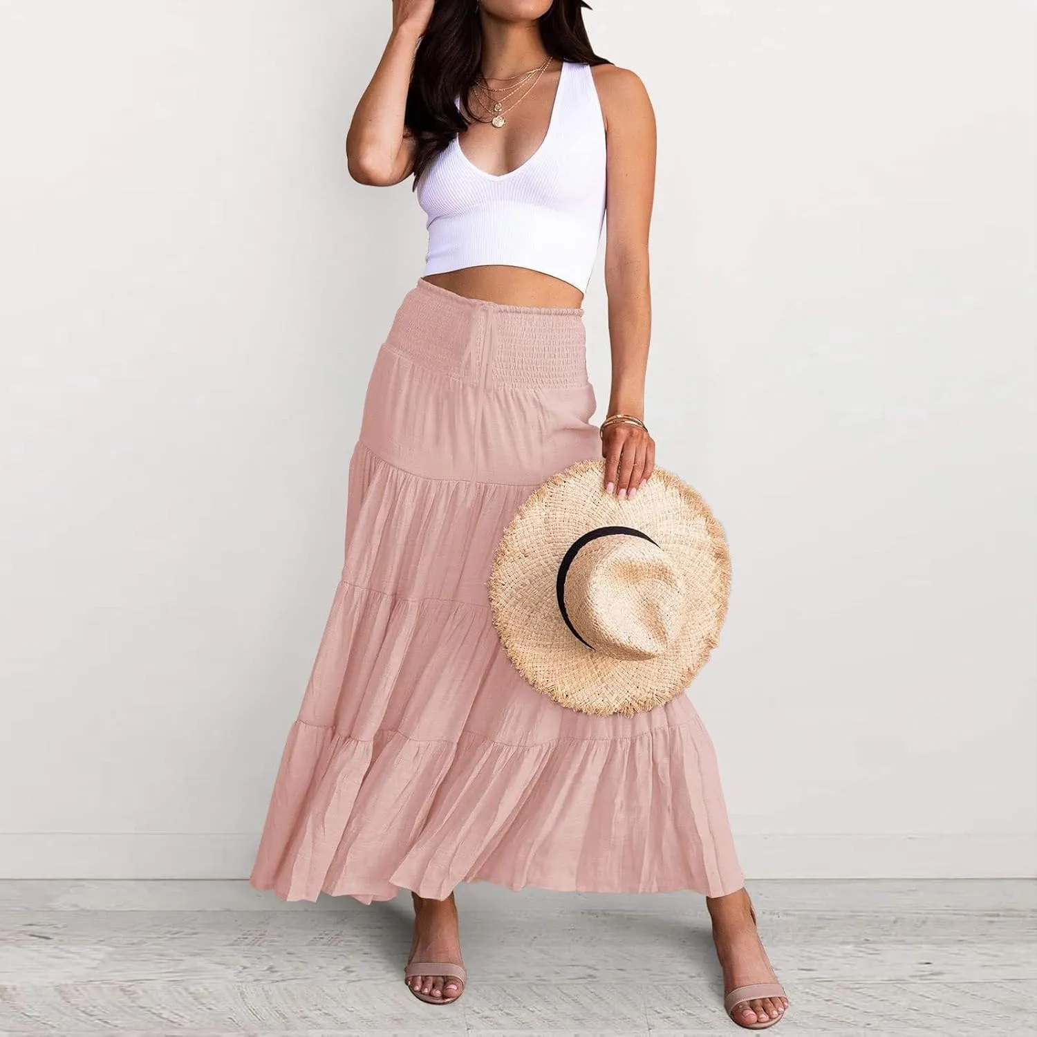 Midi Skirts Womens Boho Elastic High Waist Pleated A-Line Flowy Swing Asymmetric Tiered Maxi Long Skirt Dress