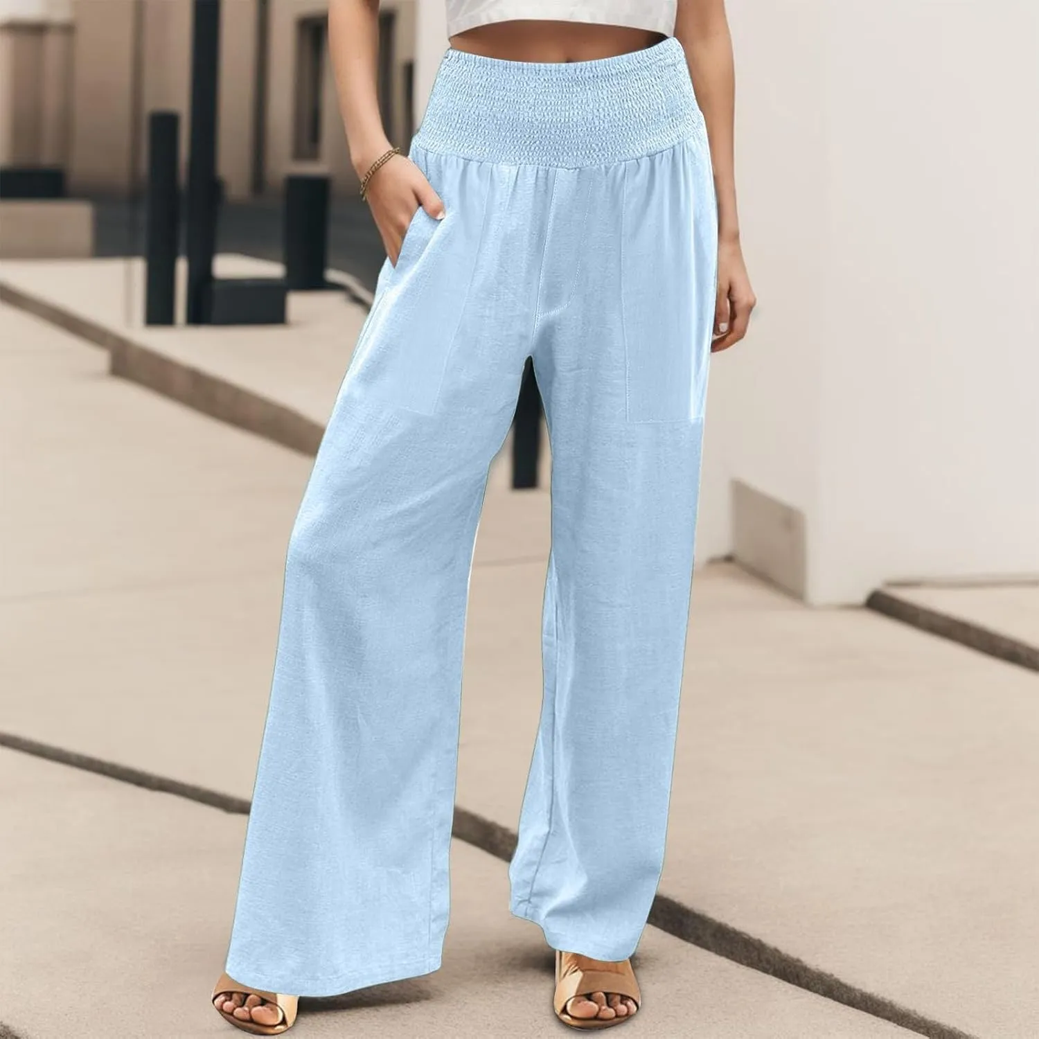 NBXNZWF Women Cotton Linen Pants Tummy Control Smocked High Waisted Wide Leg Casual Trousers Summer Lounge Pants with Pocket