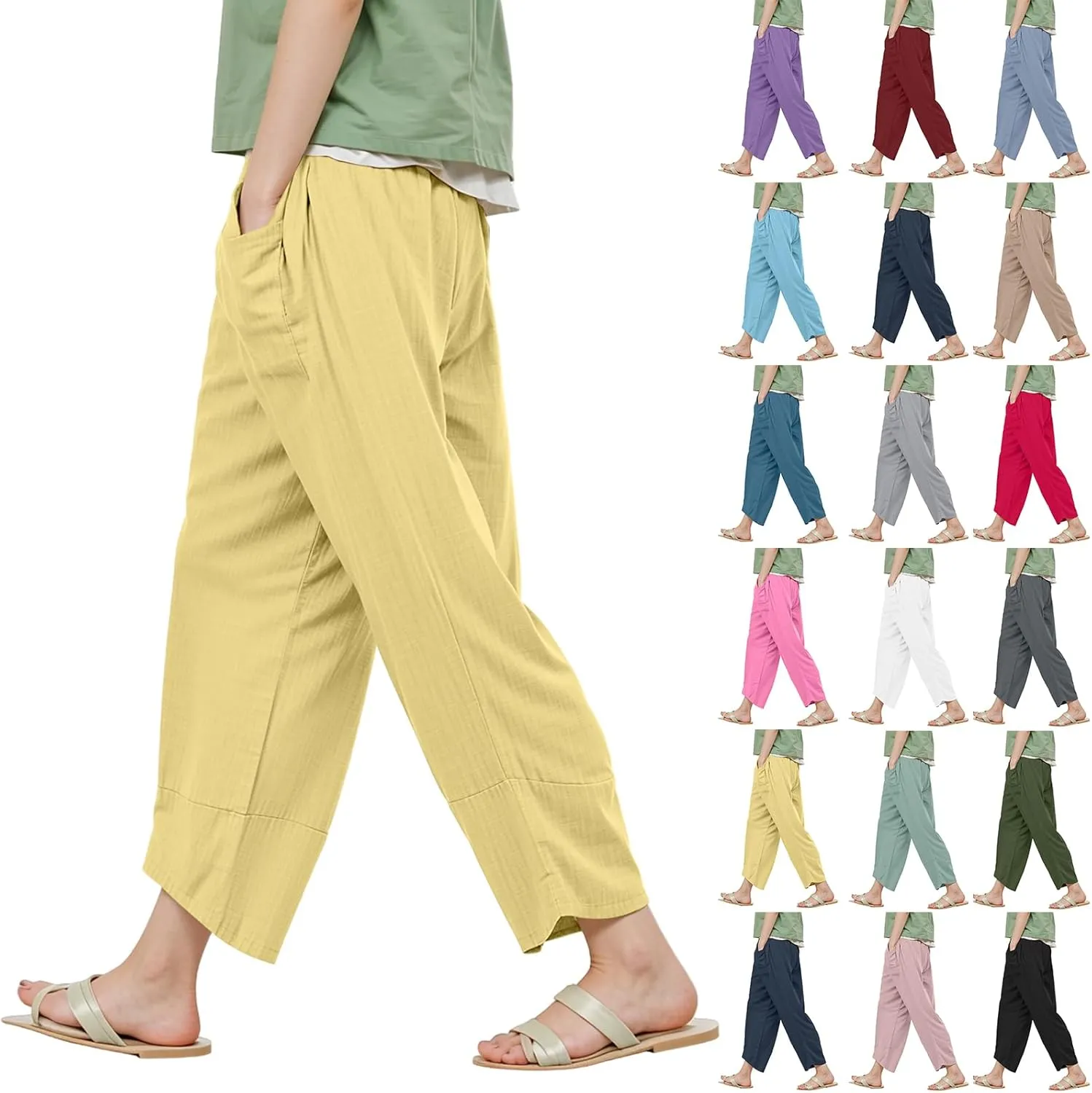 NBXNZWF Womens Cotton Linen Pants Elastic High Waist Loose Fit Trousers Straight Leg Summer Casual Lounge Pant with Pockets