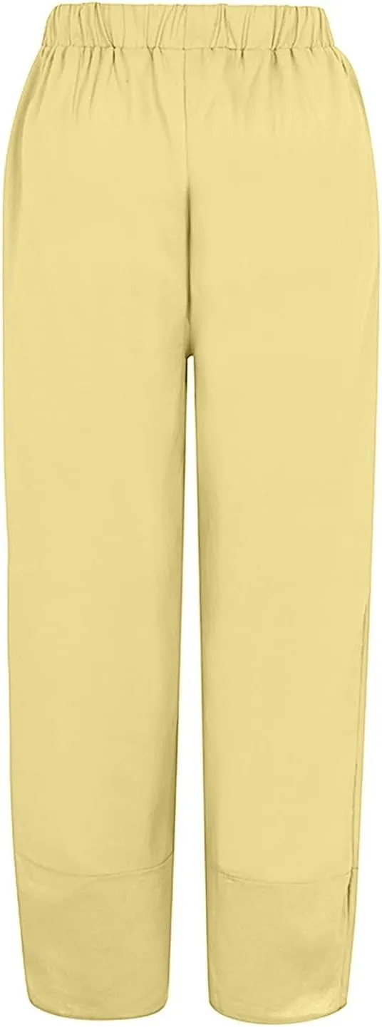 NBXNZWF Womens Cotton Linen Pants Elastic High Waist Loose Fit Trousers Straight Leg Summer Casual Lounge Pant with Pockets