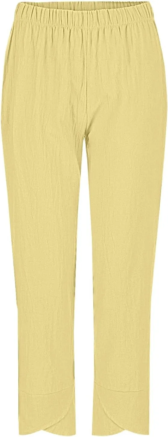 NBXNZWF Womens Cotton Linen Pants Elastic High Waist Loose Fit Trousers Straight Leg Summer Casual Lounge Pant with Pockets