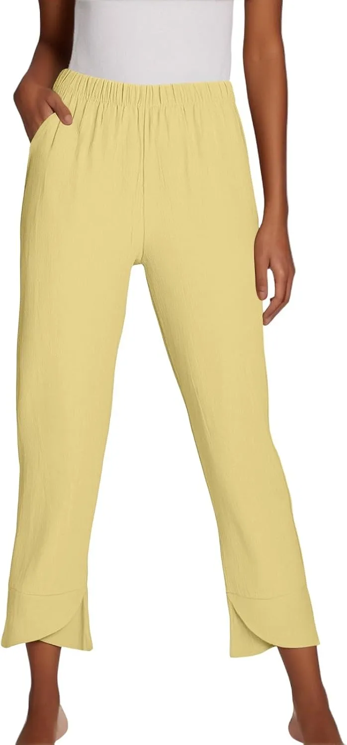 NBXNZWF Womens Cotton Linen Pants Elastic High Waist Loose Fit Trousers Straight Leg Summer Casual Lounge Pant with Pockets