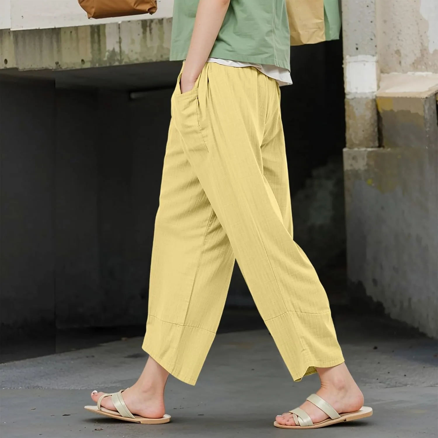 NBXNZWF Womens Cotton Linen Pants Elastic High Waist Loose Fit Trousers Straight Leg Summer Casual Lounge Pant with Pockets