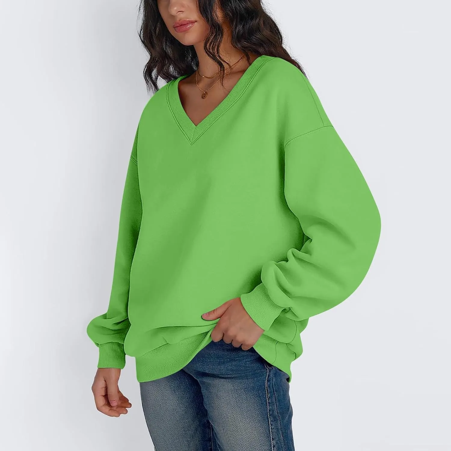 Oversized V Neck Sweatshirt Women Casual Fleece Pullover Sweaters Preppy Cute Teen Long Sleeve Sweat Shirts Y2k Tops