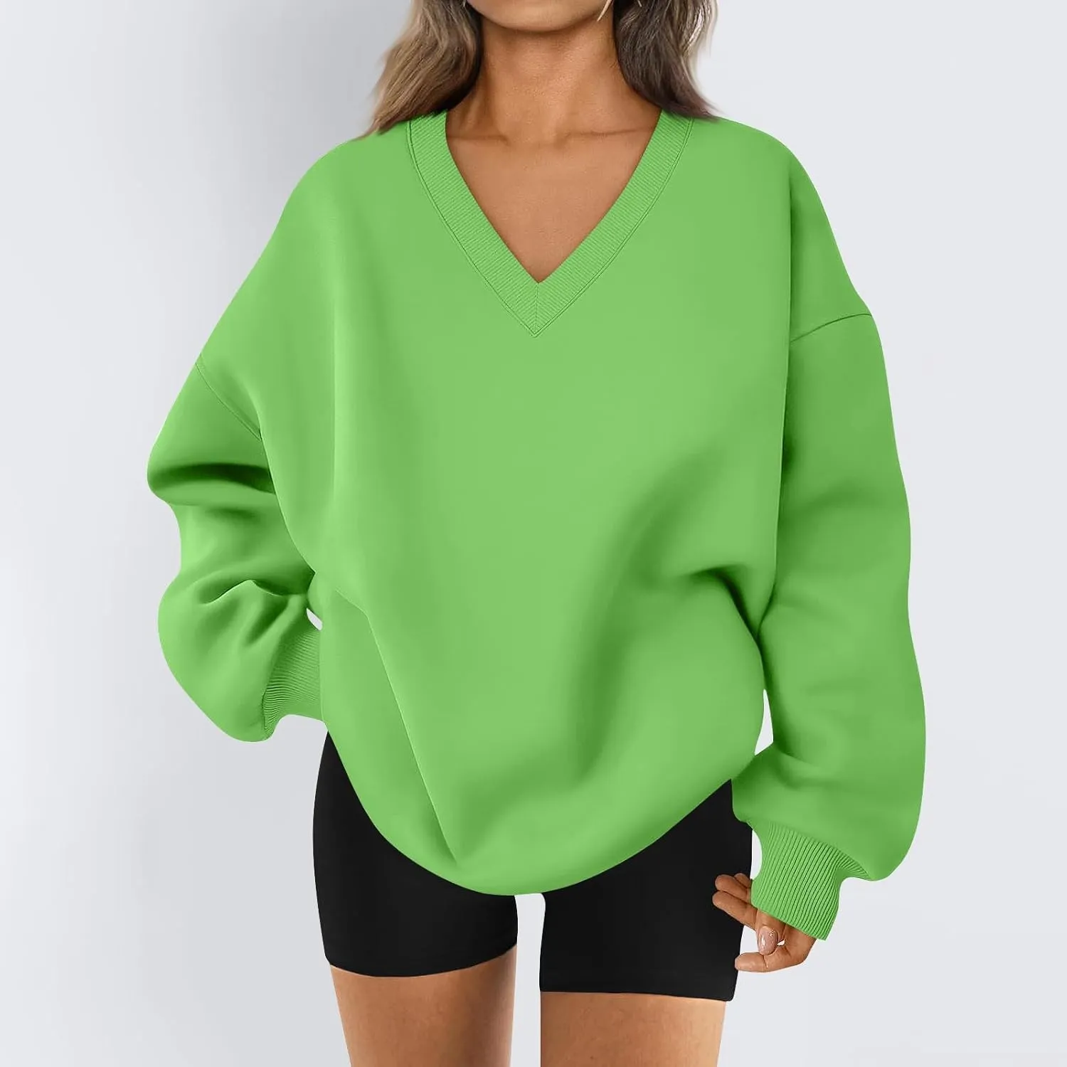 Oversized V Neck Sweatshirt Women Casual Fleece Pullover Sweaters Preppy Cute Teen Long Sleeve Sweat Shirts Y2k Tops