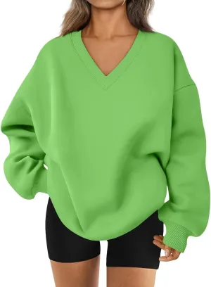 Oversized V Neck Sweatshirt Women Casual Fleece Pullover Sweaters Preppy Cute Teen Long Sleeve Sweat Shirts Y2k Tops