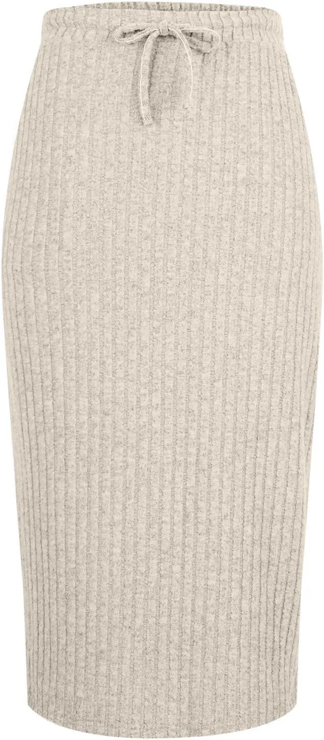 Pencil Skirts for Women Casual Solid Color Knit Ribbed High Waist Lace Up Bodycon Midi Skirts