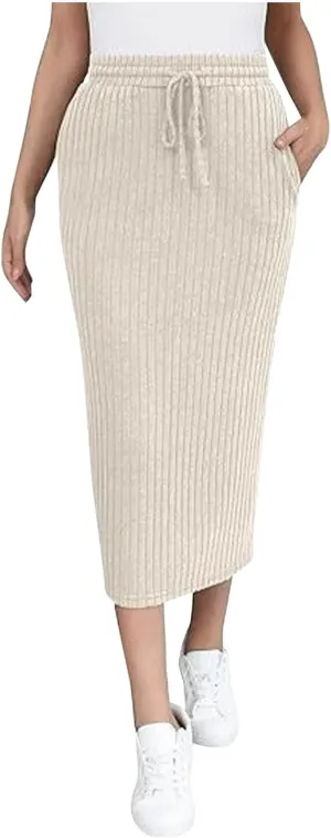 Pencil Skirts for Women Casual Solid Color Knit Ribbed High Waist Lace Up Bodycon Midi Skirts
