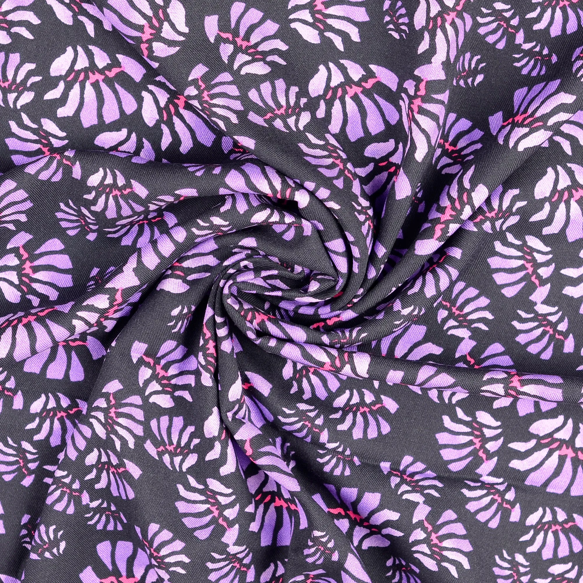 Purple Abstract Flowers Viscose Twill Fabric