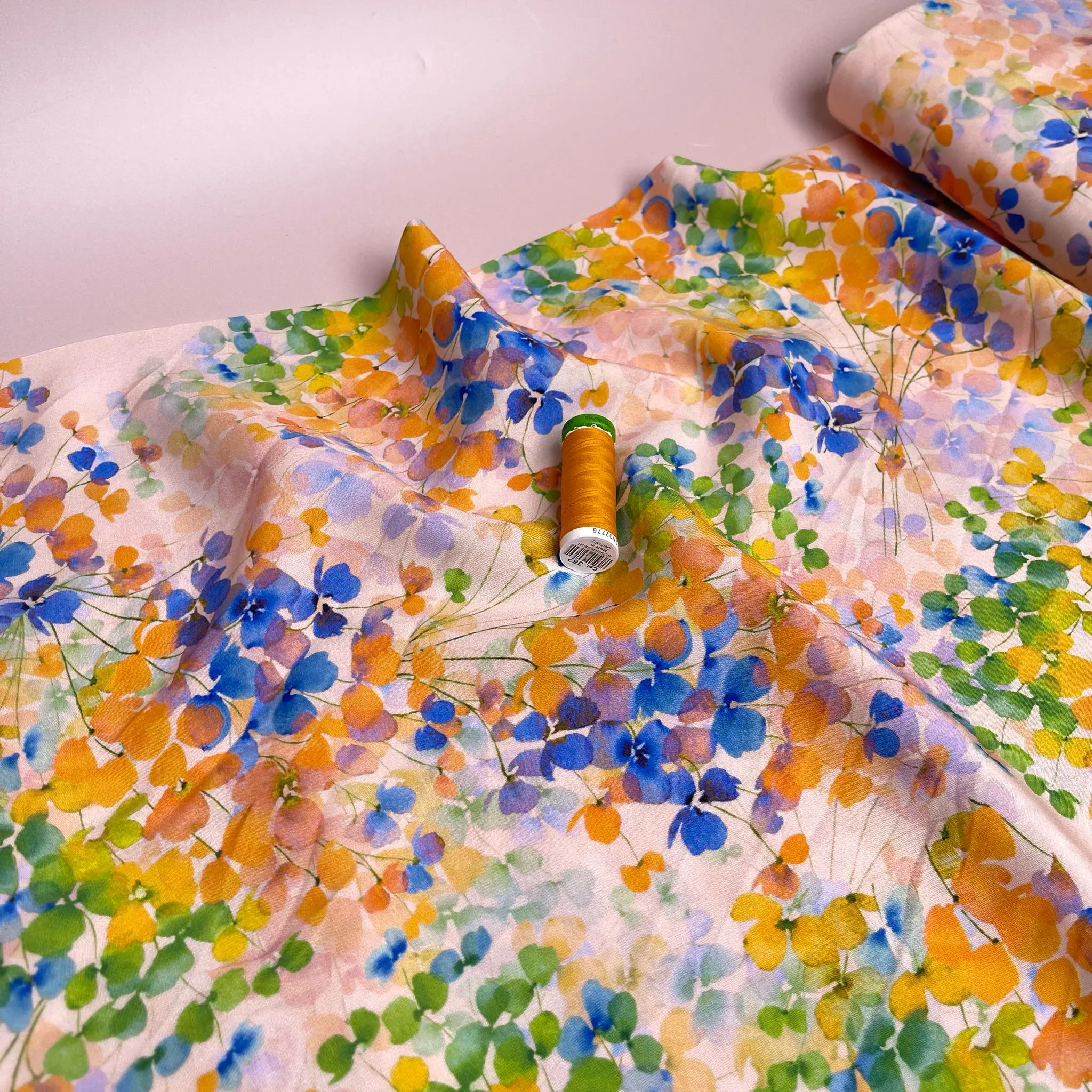 REMNANT 0.93 Metre - Watercolour Spring Blossoms Viscose Fabric