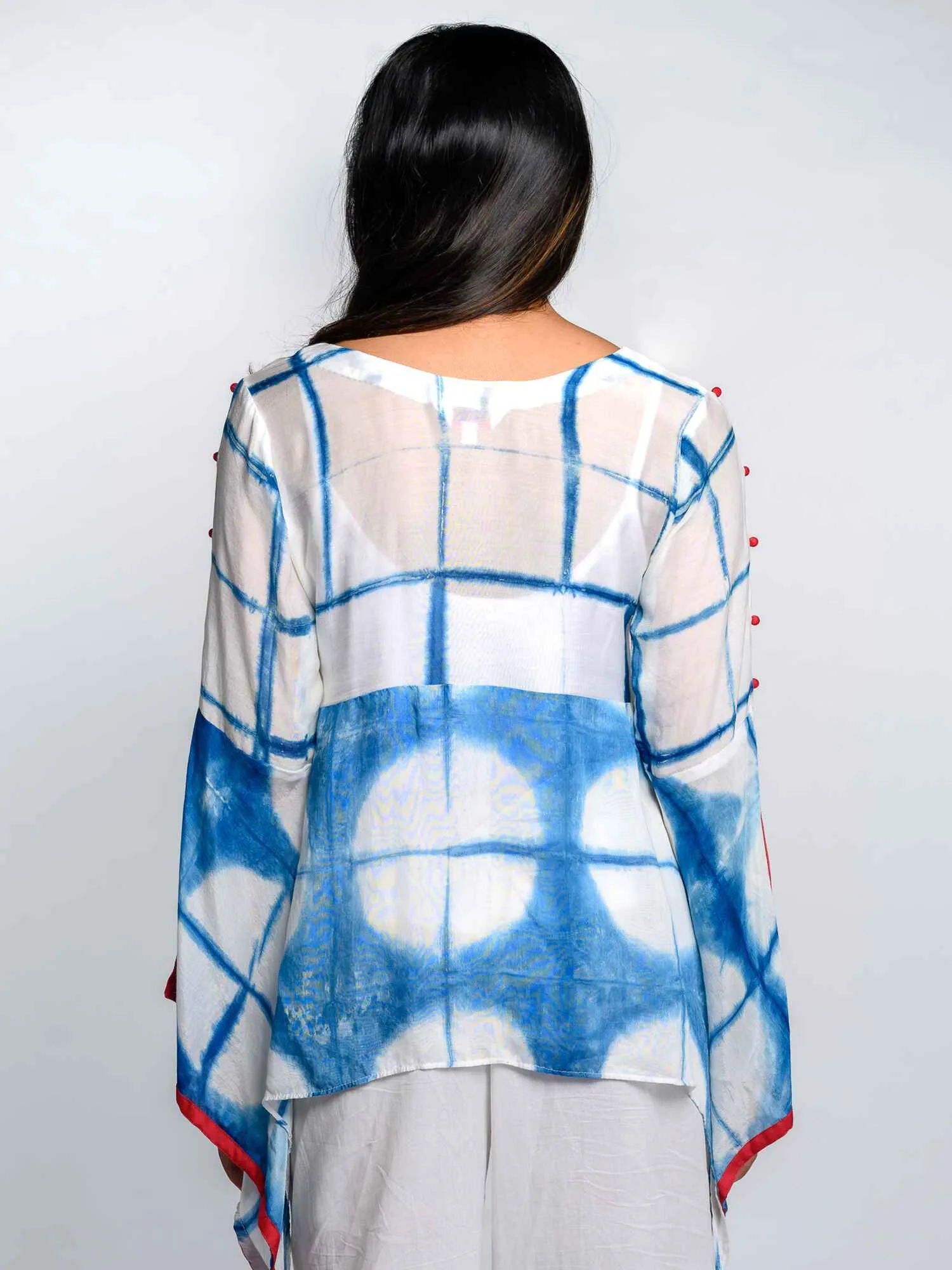 'Ria' Hand-dyed Shibori Vegan Silk Top with Butterly Sleeves
