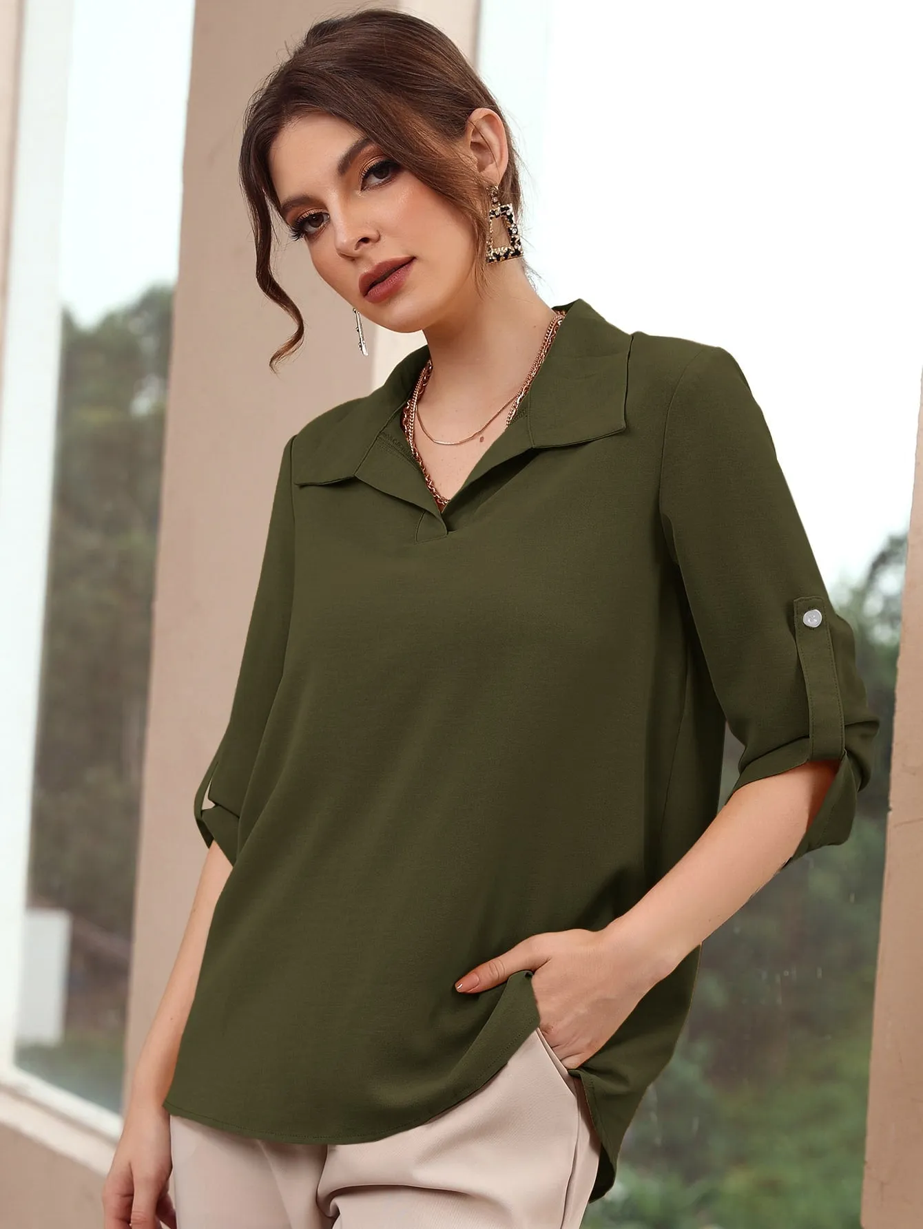 Roll-up Sleeve Solid Blouse