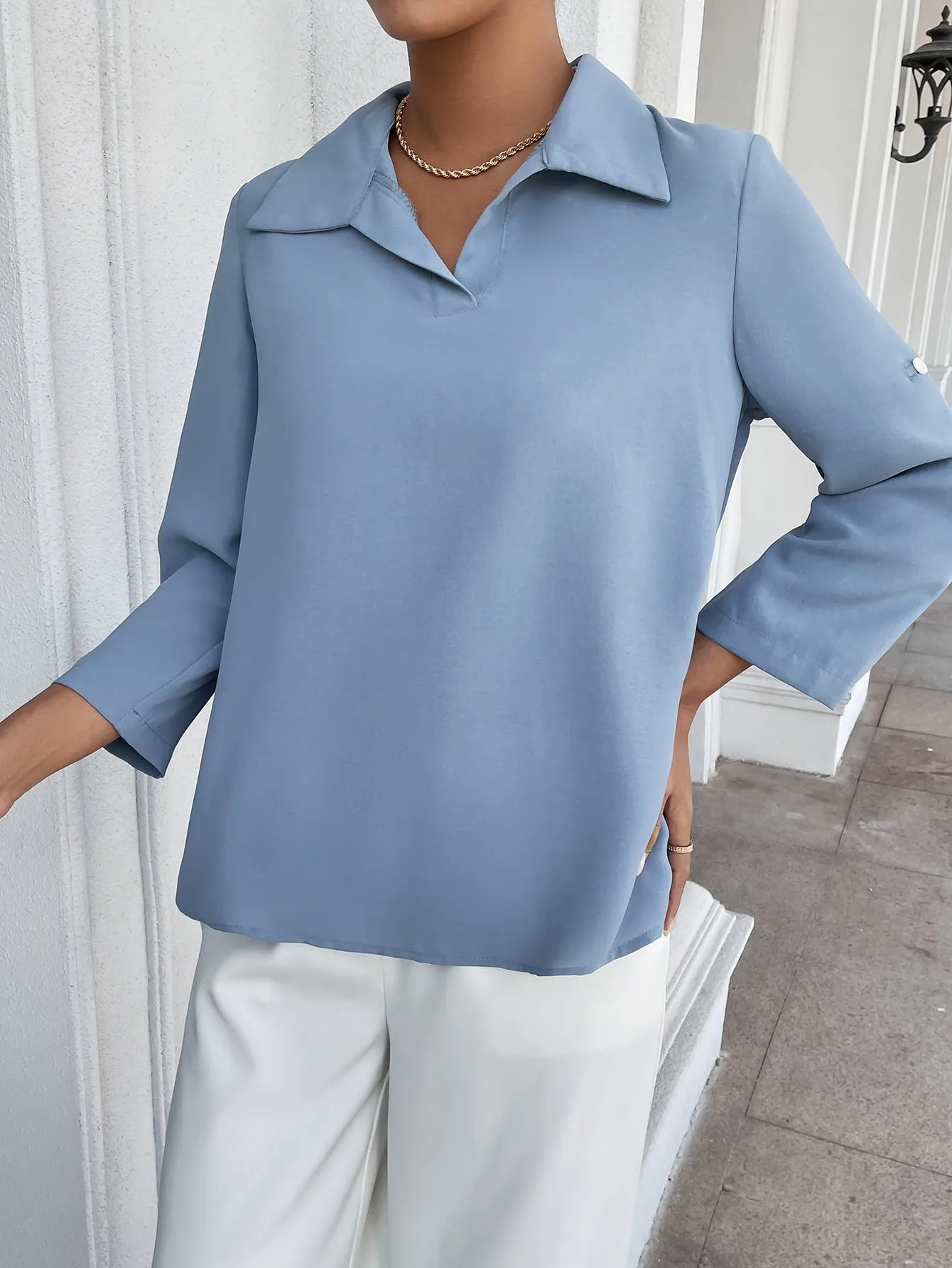 Roll-up Sleeve Solid Blouse