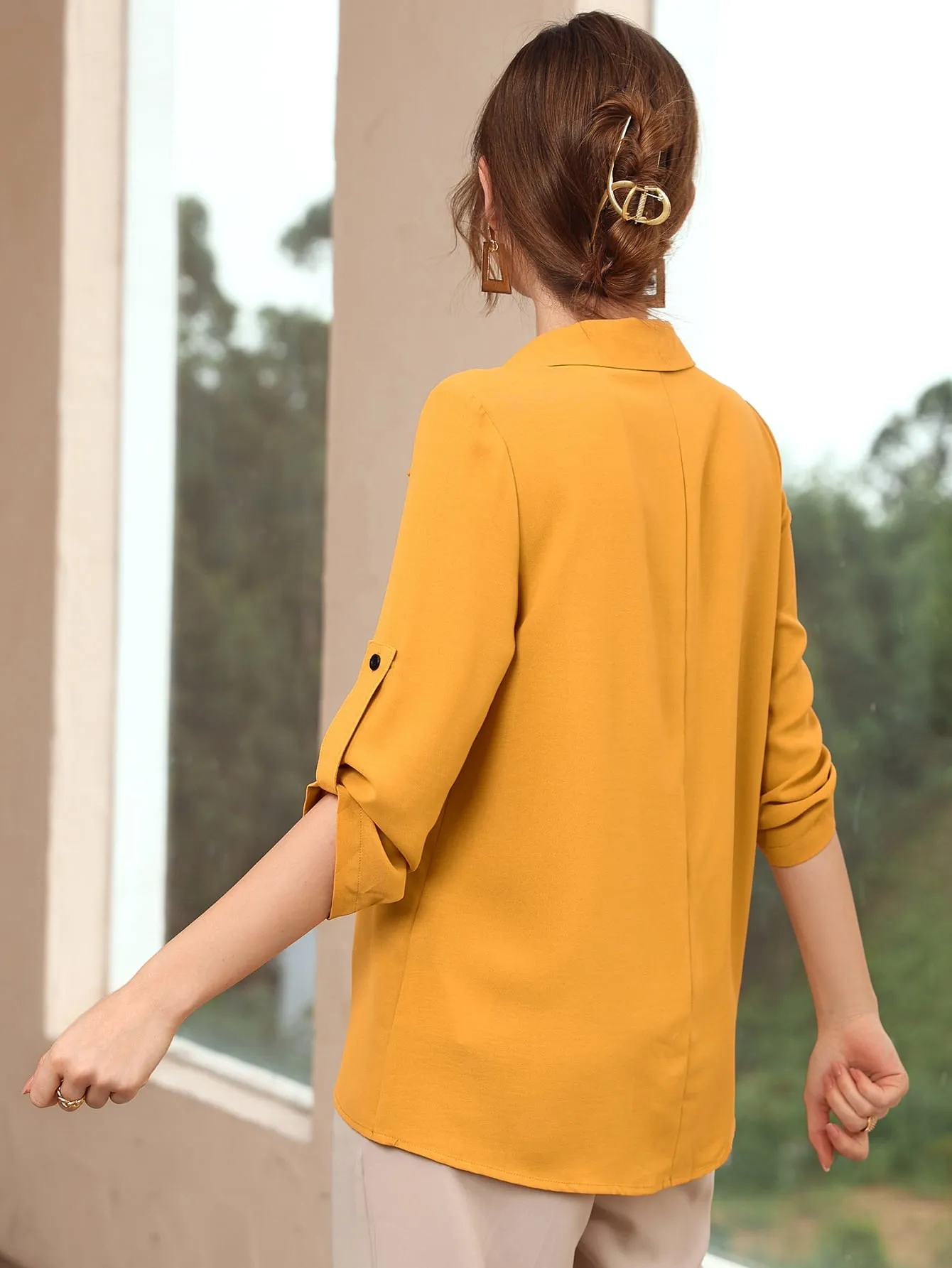 Roll-up Sleeve Solid Blouse