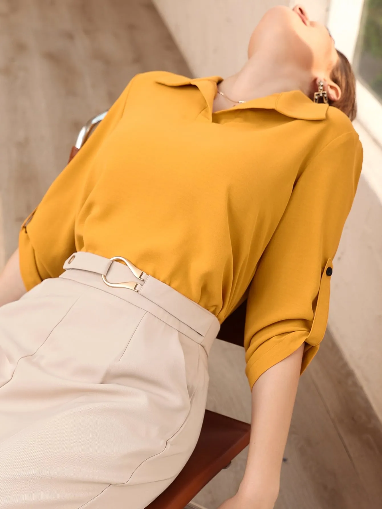 Roll-up Sleeve Solid Blouse