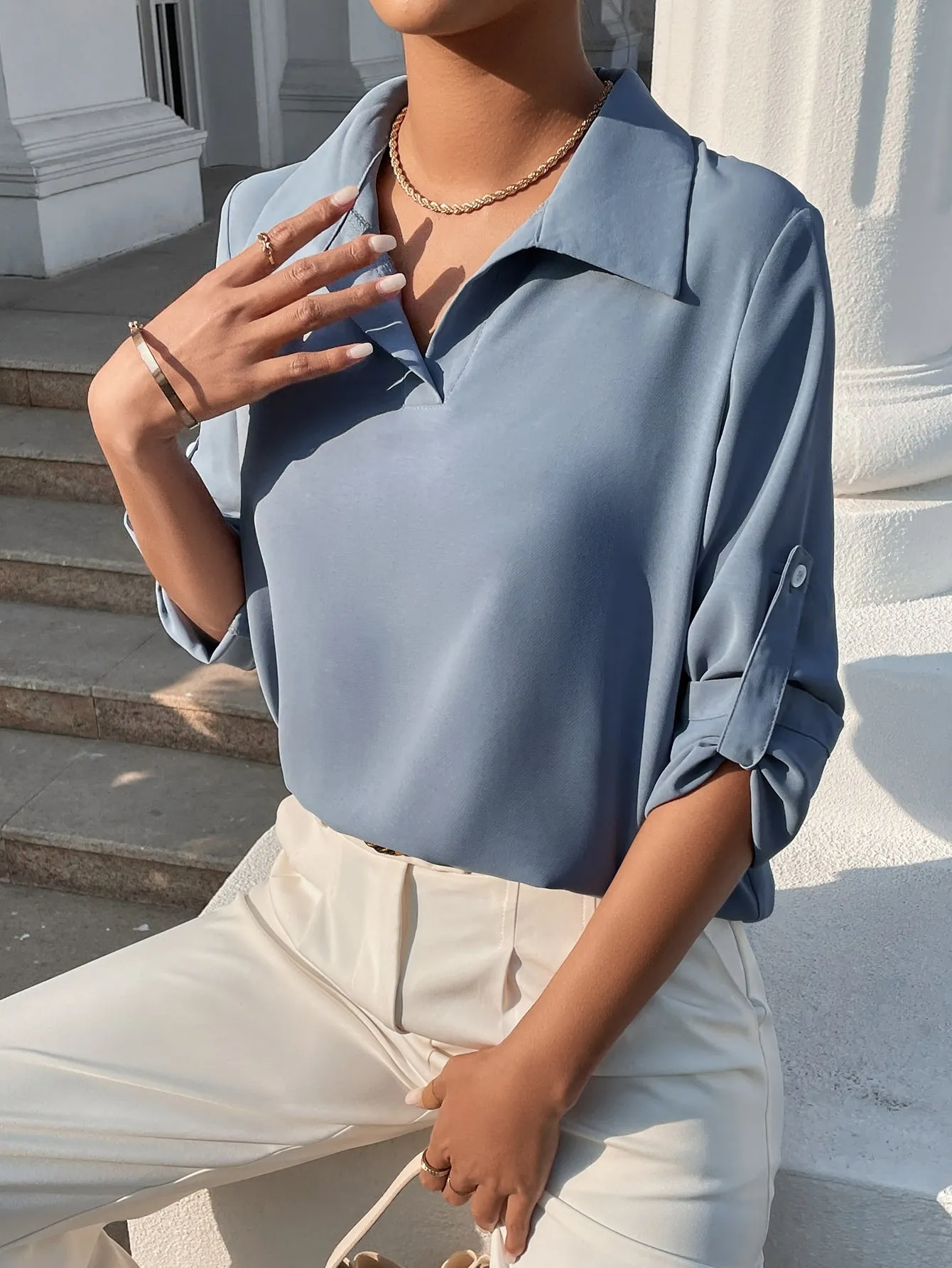 Roll-up Sleeve Solid Blouse
