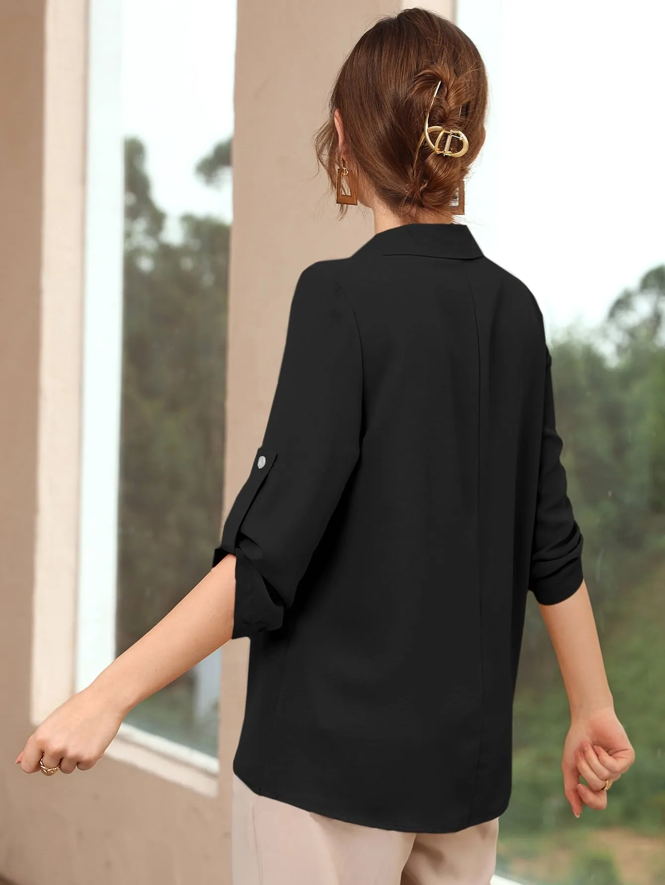 Roll-up Sleeve Solid Blouse