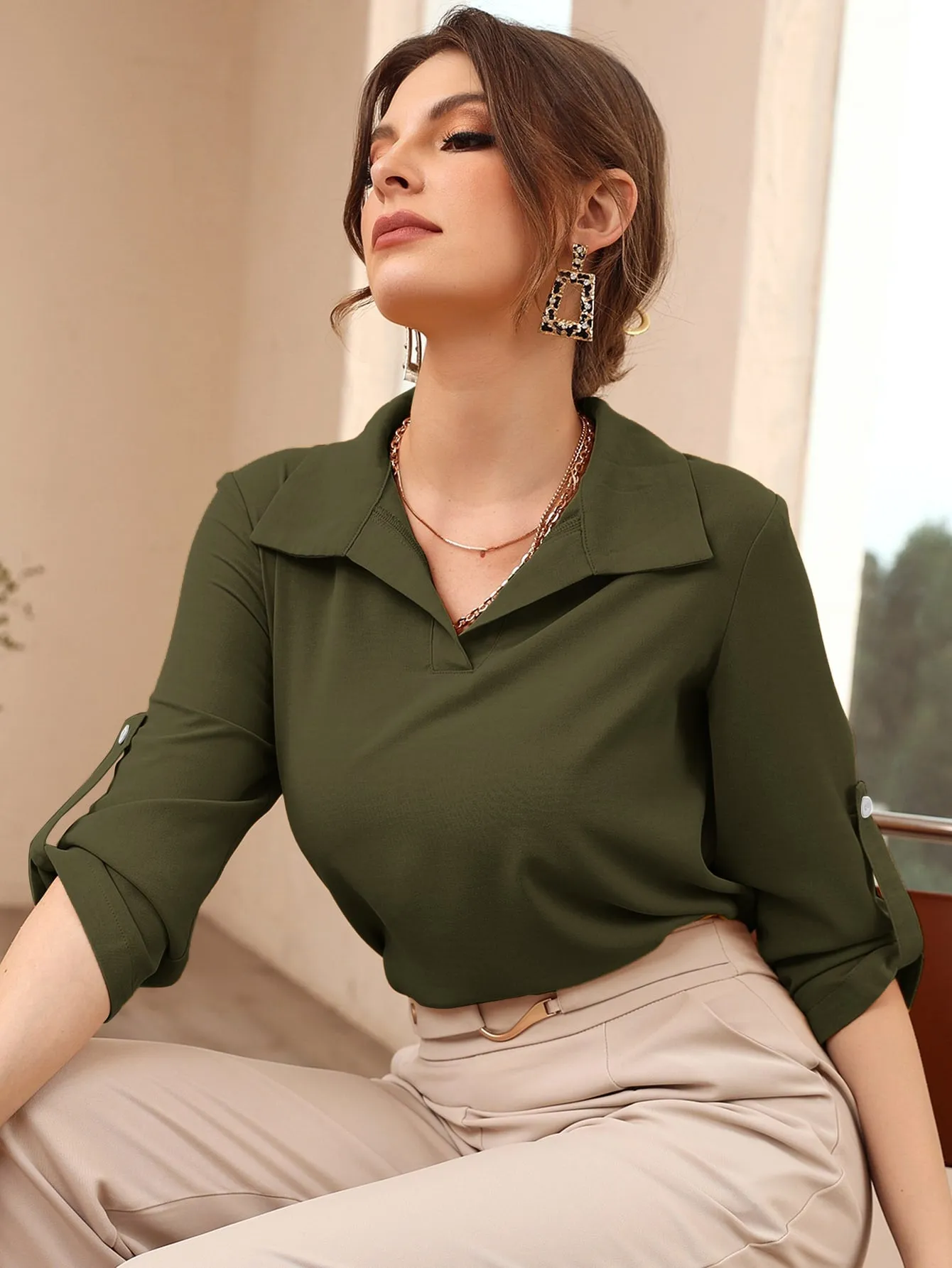 Roll-up Sleeve Solid Blouse
