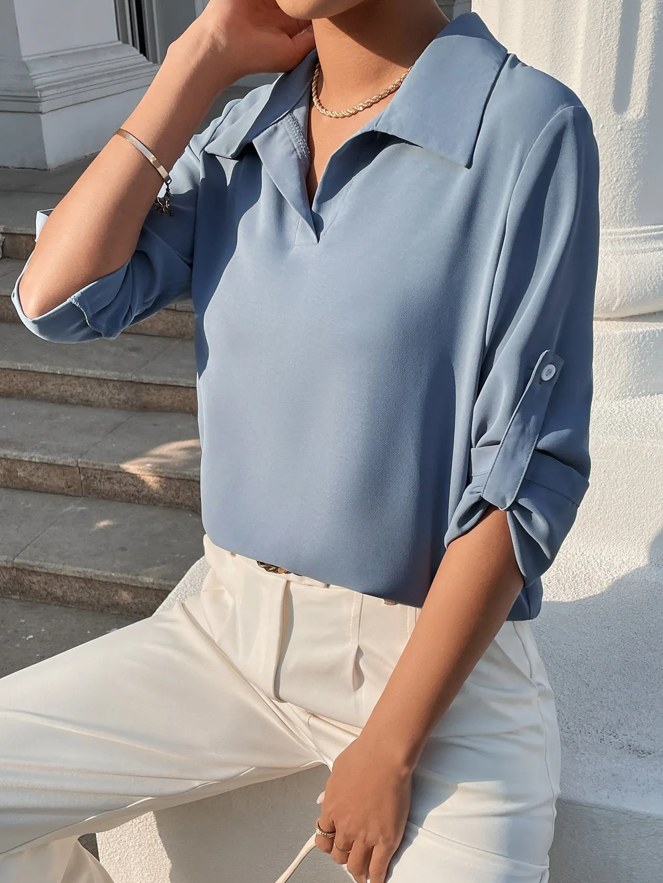 Roll-up Sleeve Solid Blouse