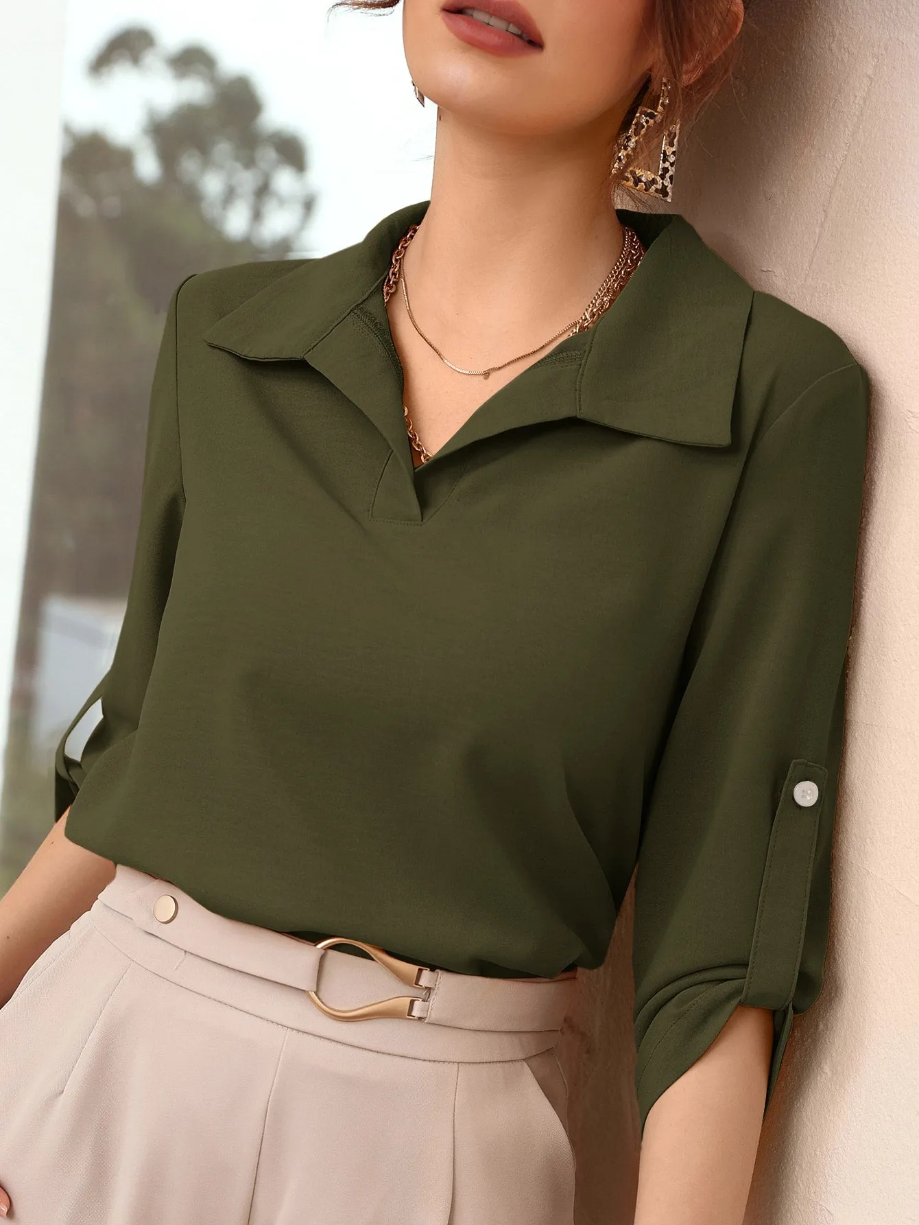 Roll-up Sleeve Solid Blouse