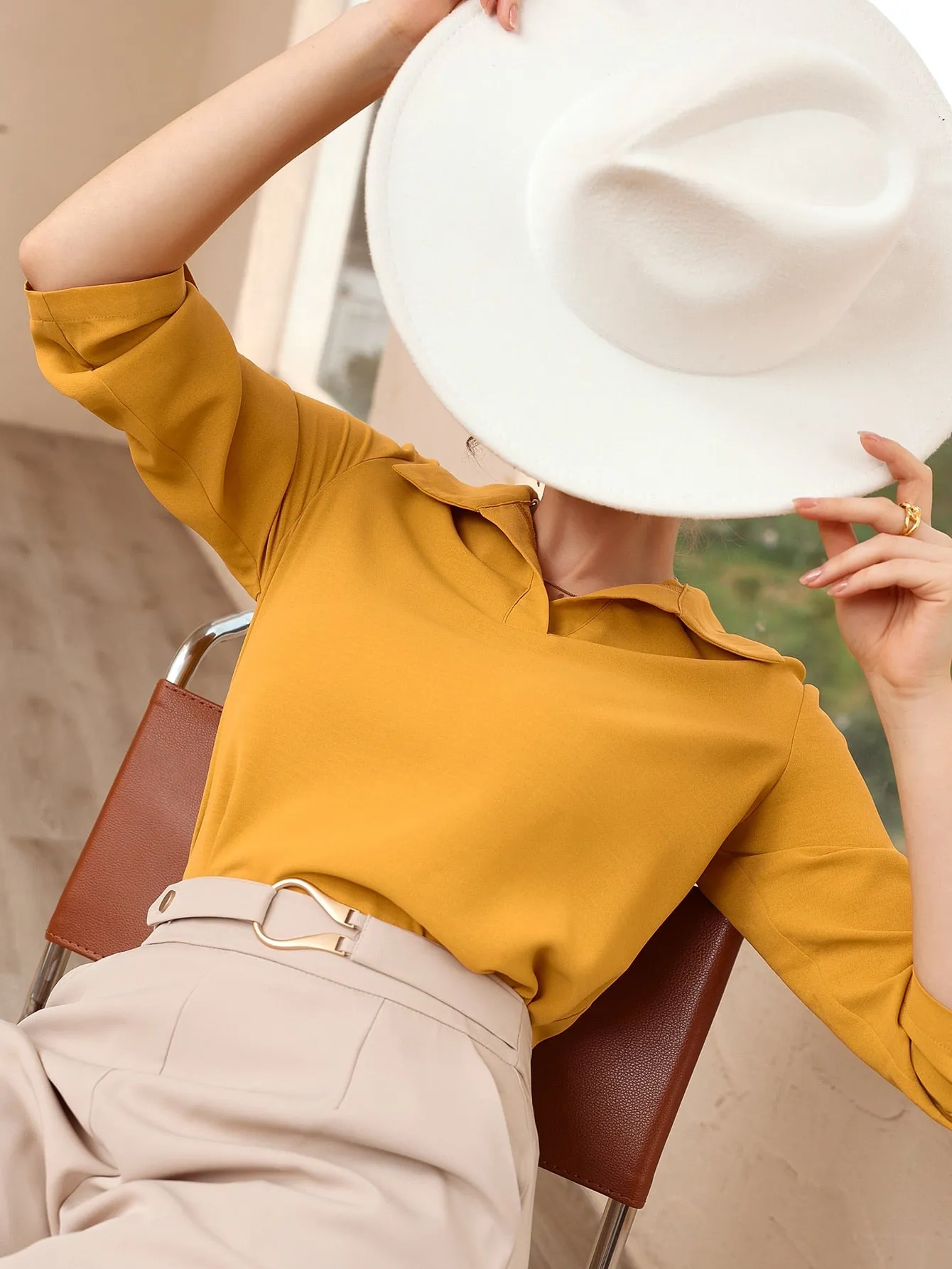 Roll-up Sleeve Solid Blouse