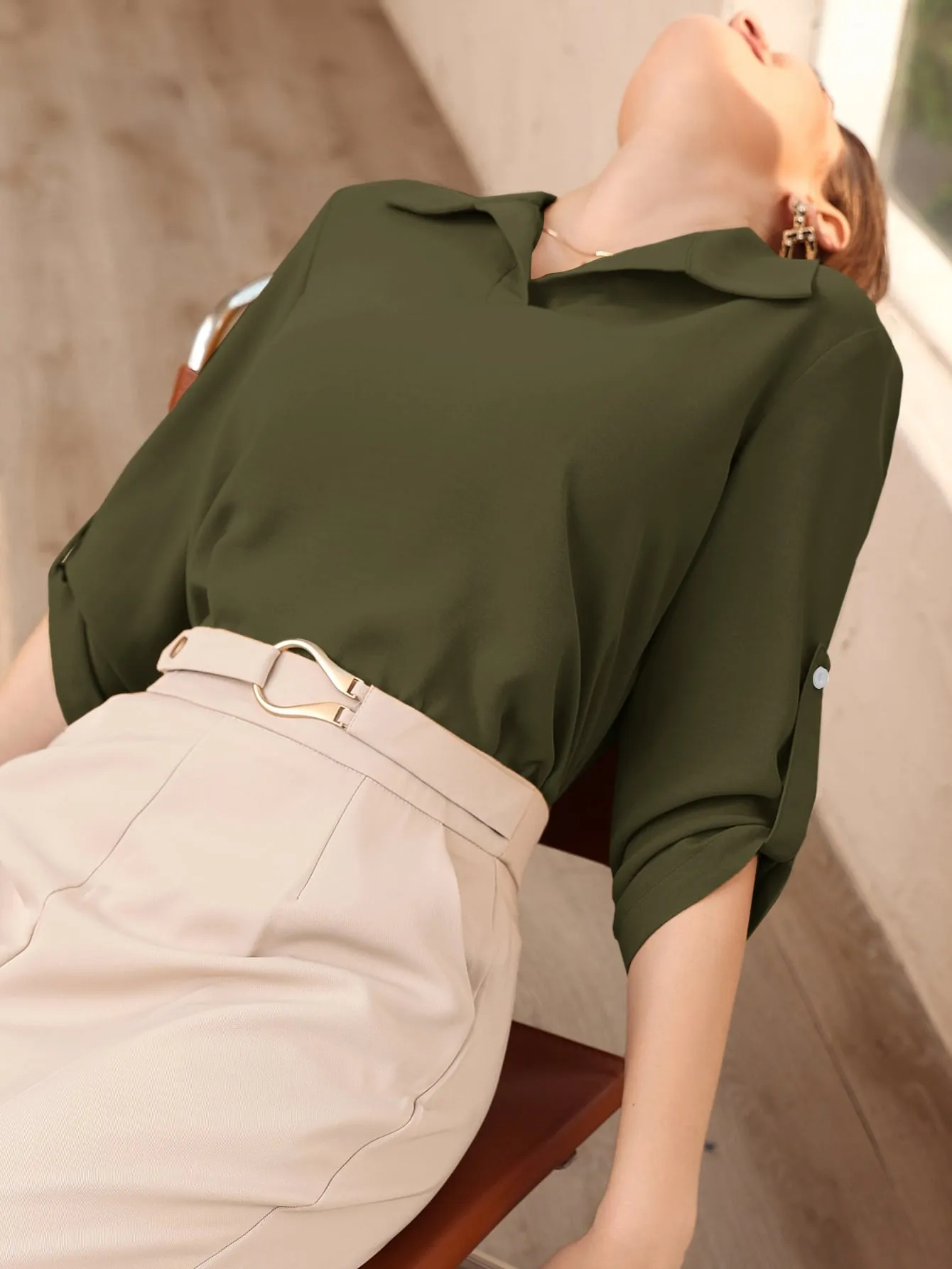 Roll-up Sleeve Solid Blouse