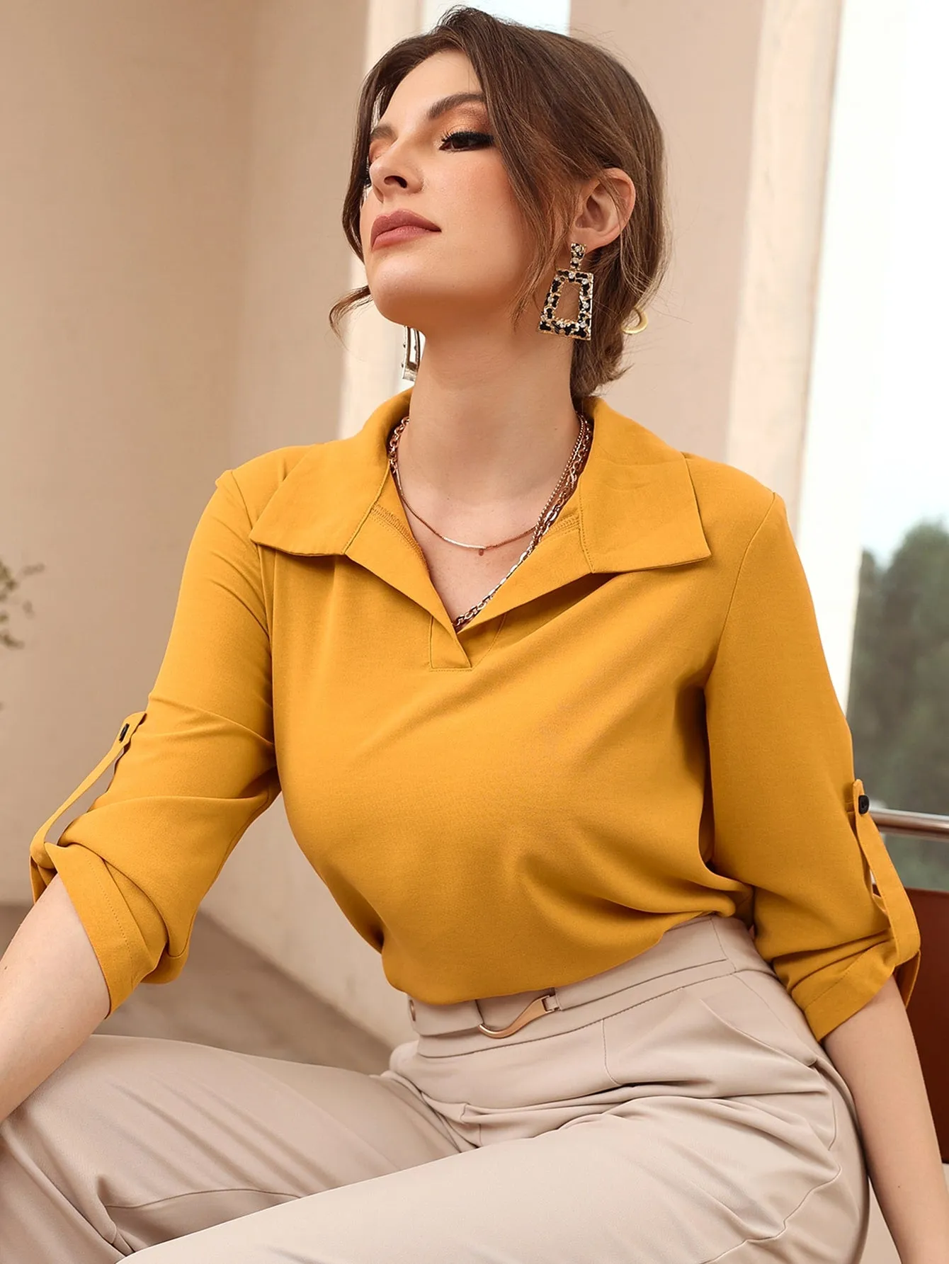 Roll-up Sleeve Solid Blouse