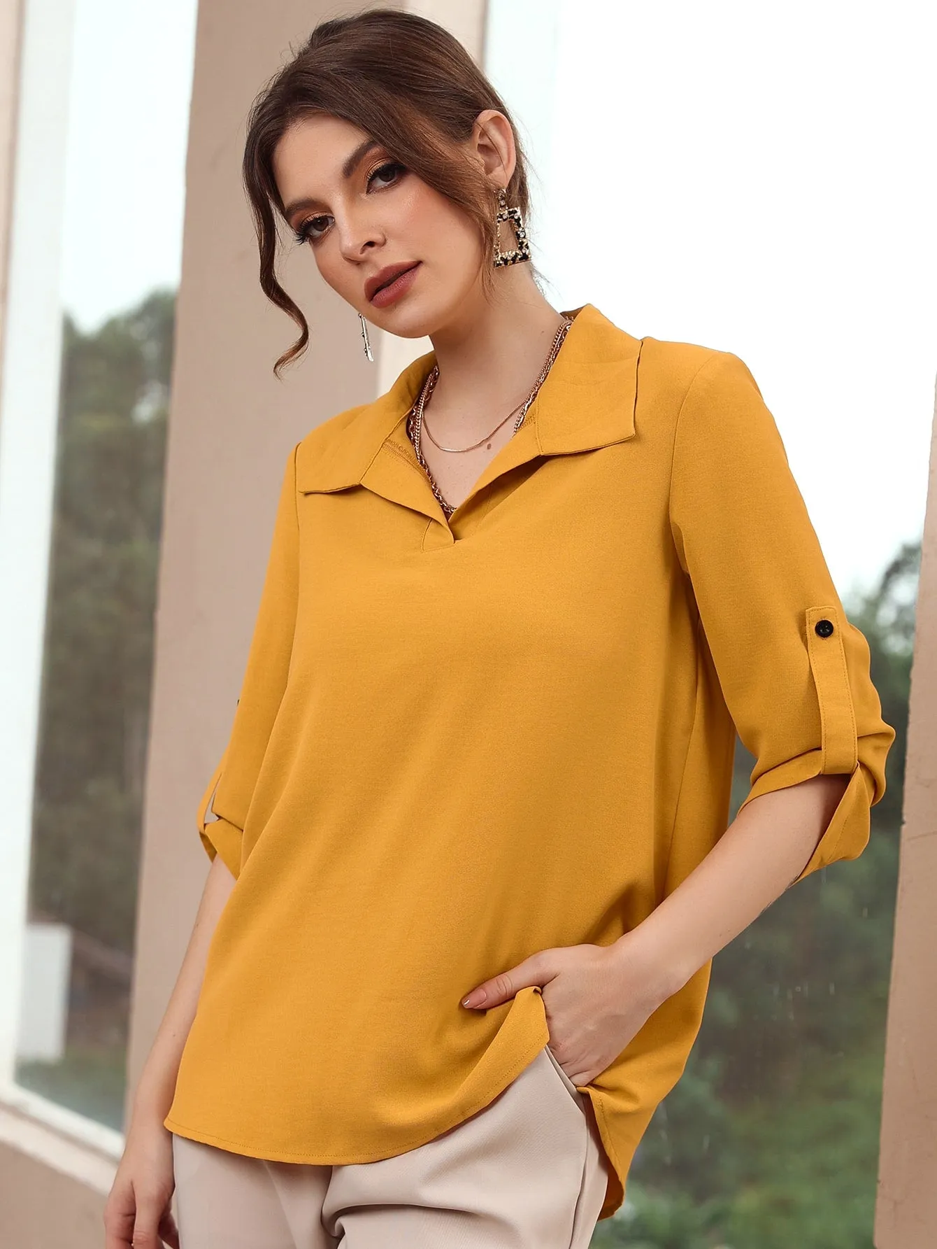 Roll-up Sleeve Solid Blouse