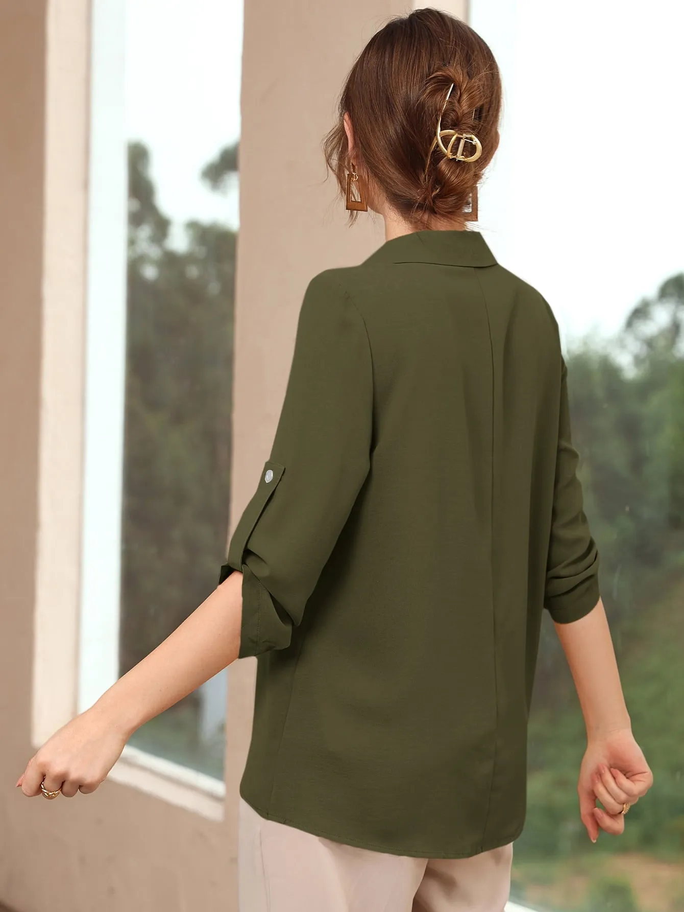 Roll-up Sleeve Solid Blouse