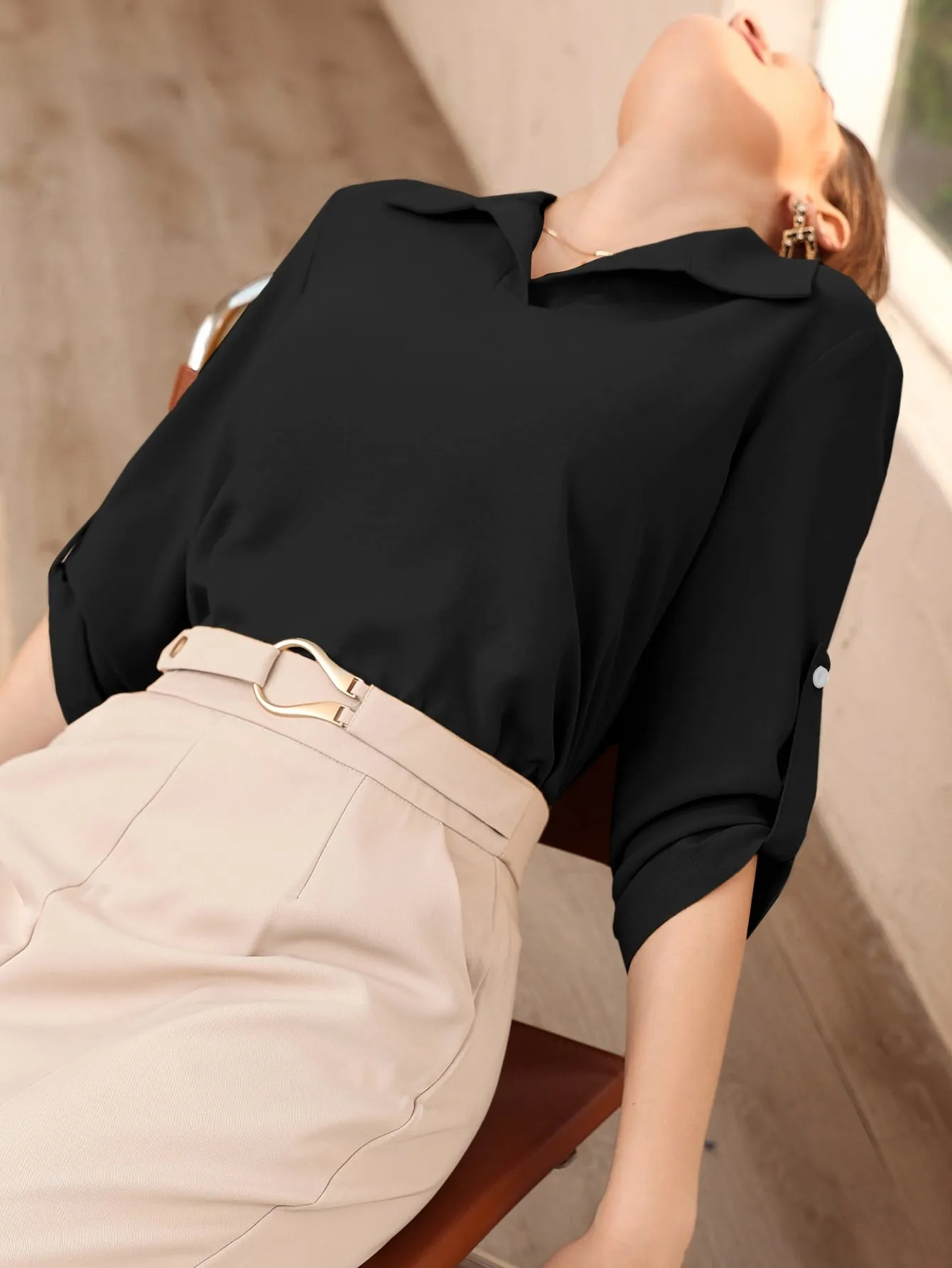 Roll-up Sleeve Solid Blouse
