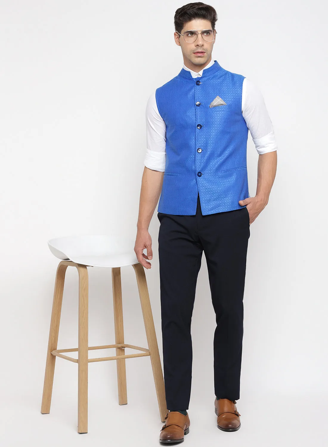 Royal Blue Linen Structured Nehru Jacket