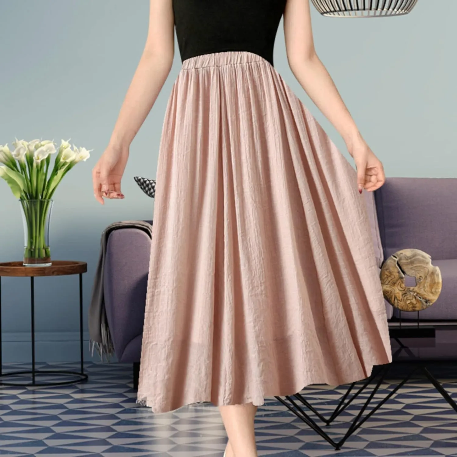Skirt Womens Womens Boho Elastic High Waist Pleated A-Line Flowy Swing Tiered Maxi Long Skirt Dress with Pockets