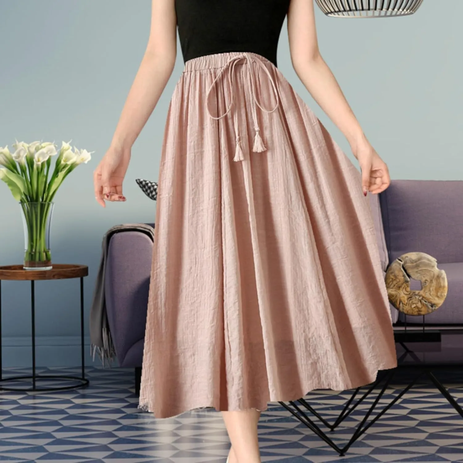 Skirt Womens Womens Boho Elastic High Waist Pleated A-Line Flowy Swing Tiered Maxi Long Skirt Dress with Pockets