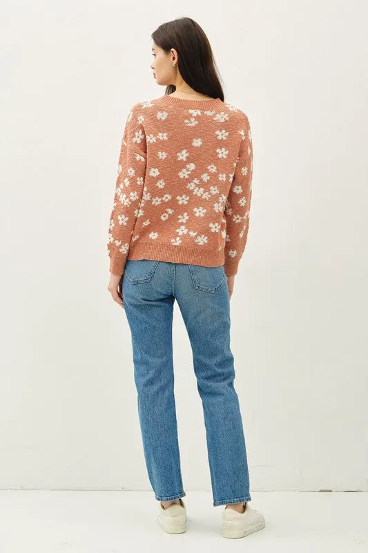 Soft Petals Terracotta Floral Pullover Sweater