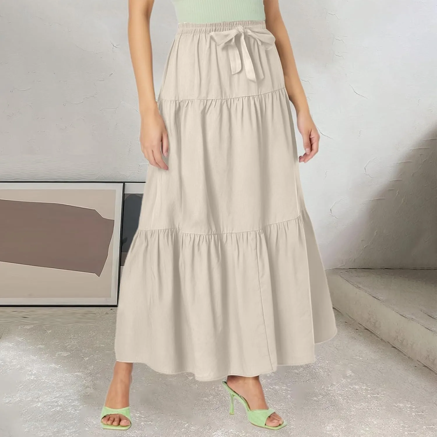 Summer Maxi Skirts for Women 2025 Tiered A Line Pleated Drawstring Long Skirt Boho Flowy Casual Vacation Skirts