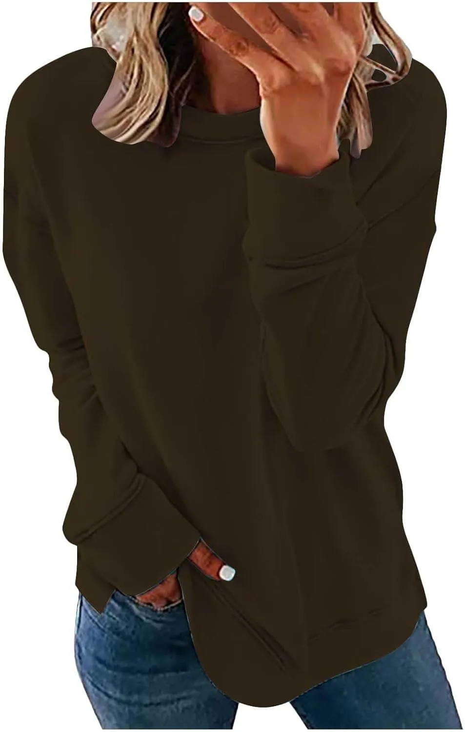 Sweater for Women Round Neck Long Sleeve Sweatshirt Casual Loose Fit Solid Colour Trendy Fall Pullover Tops 2024