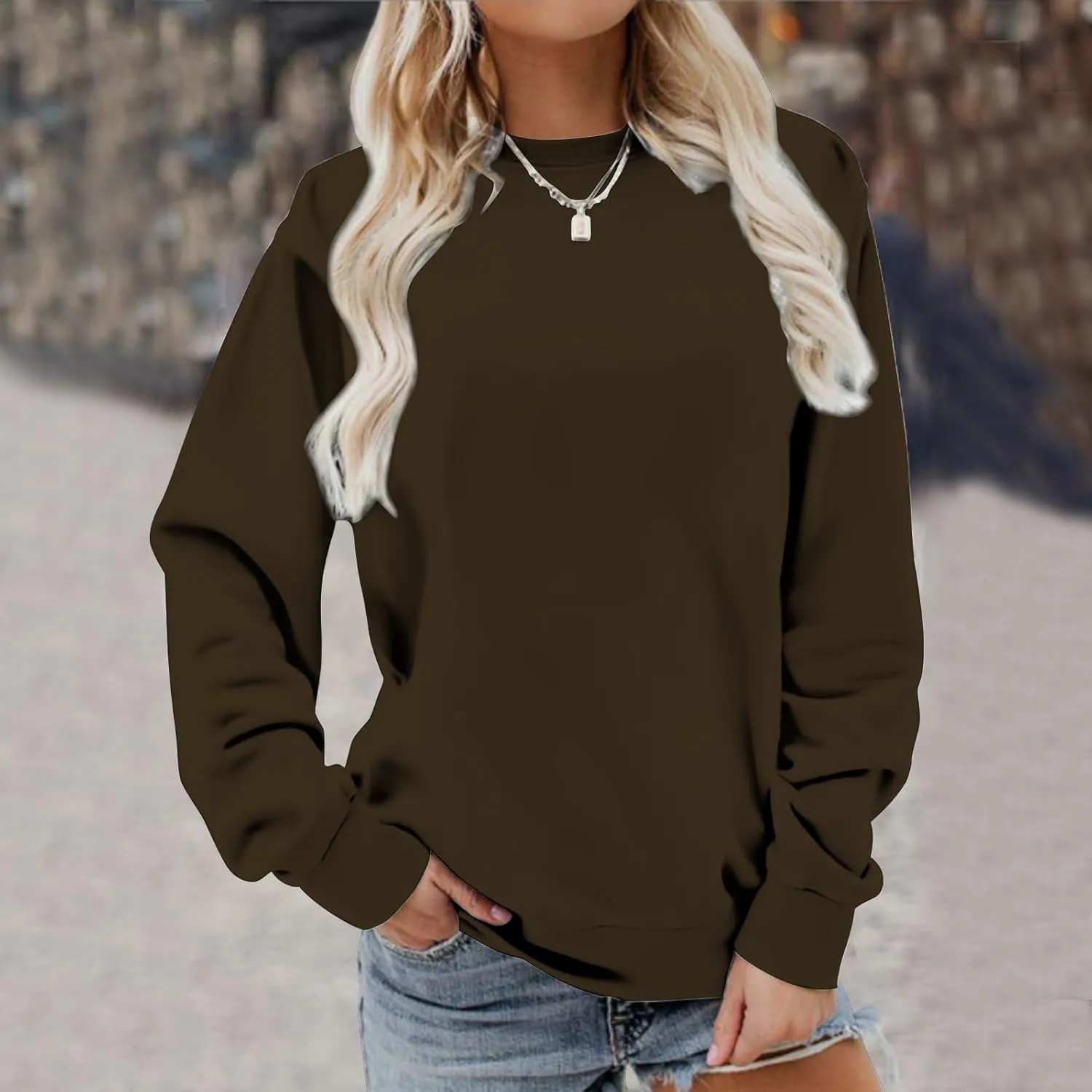 Sweater for Women Round Neck Long Sleeve Sweatshirt Casual Loose Fit Solid Colour Trendy Fall Pullover Tops 2024